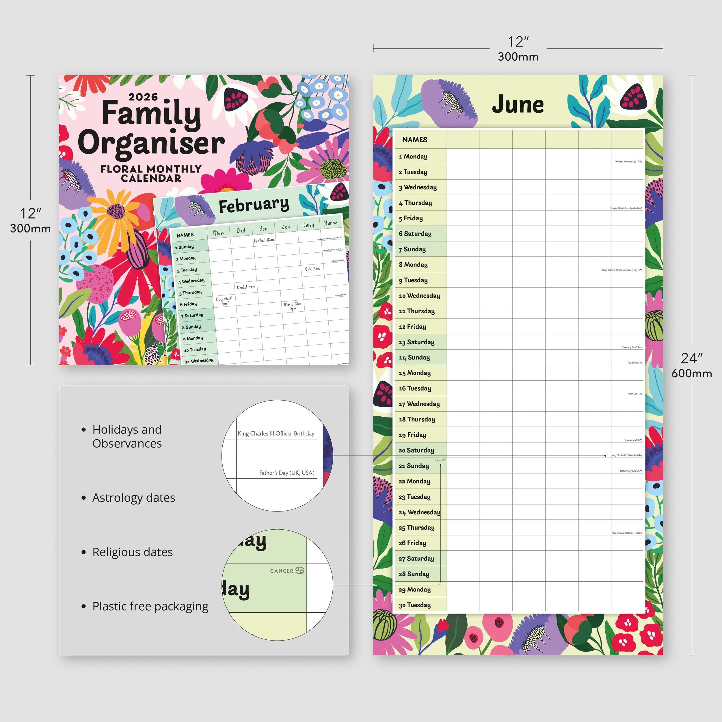 2026 Family Organiser - Floral - Square Wall Calendar