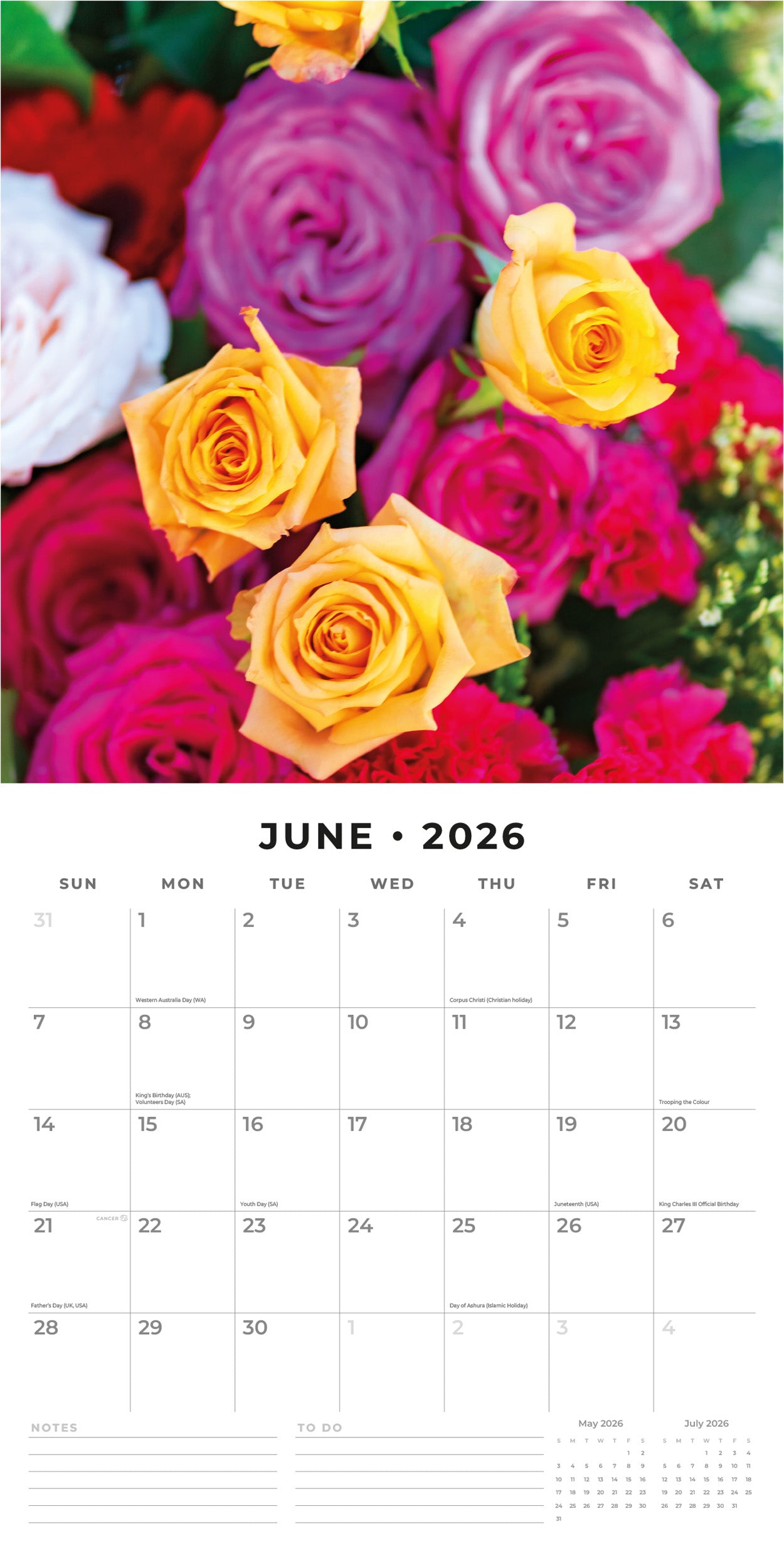 X 1990年 Rose & Blood Calendar 2026 Roses - Square Wall Calendar