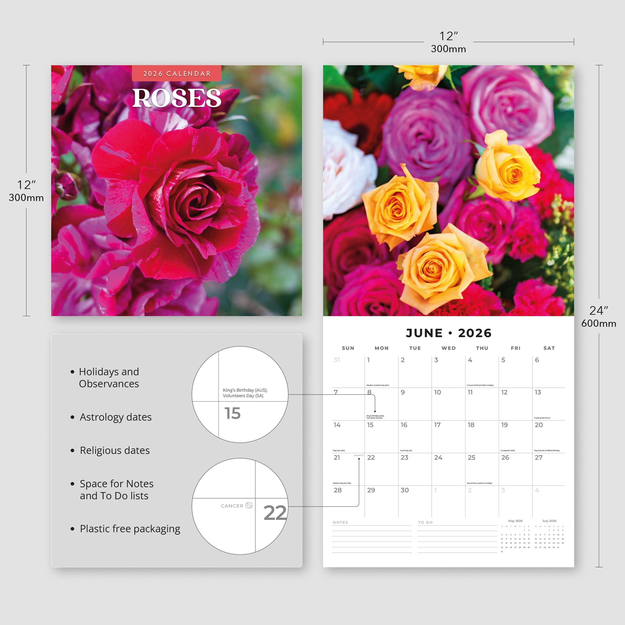X 1990年 Rose & Blood Calendar 2026 Wall Calendar – Snow & Graham