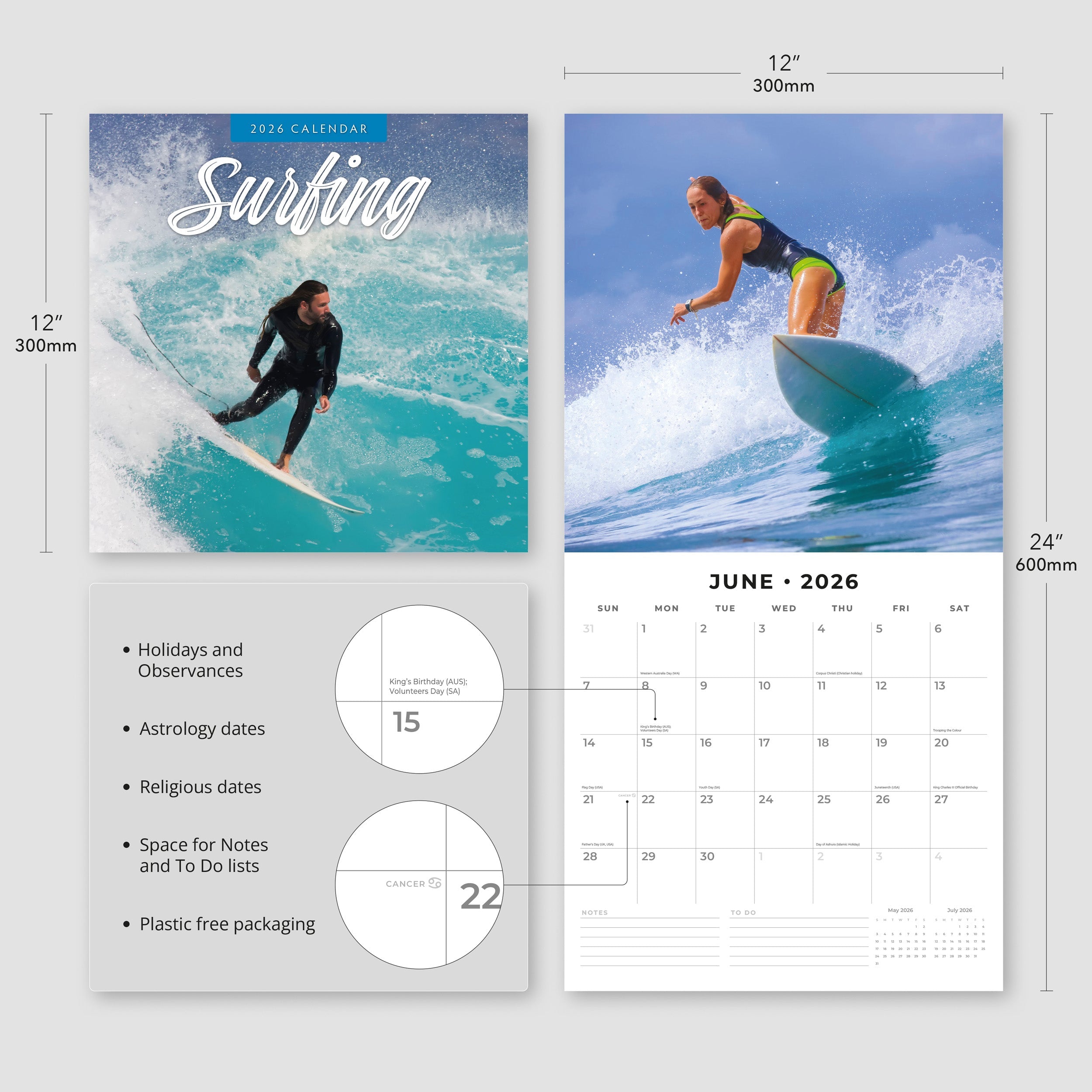 2026 Surfing - Square Wall Calendar