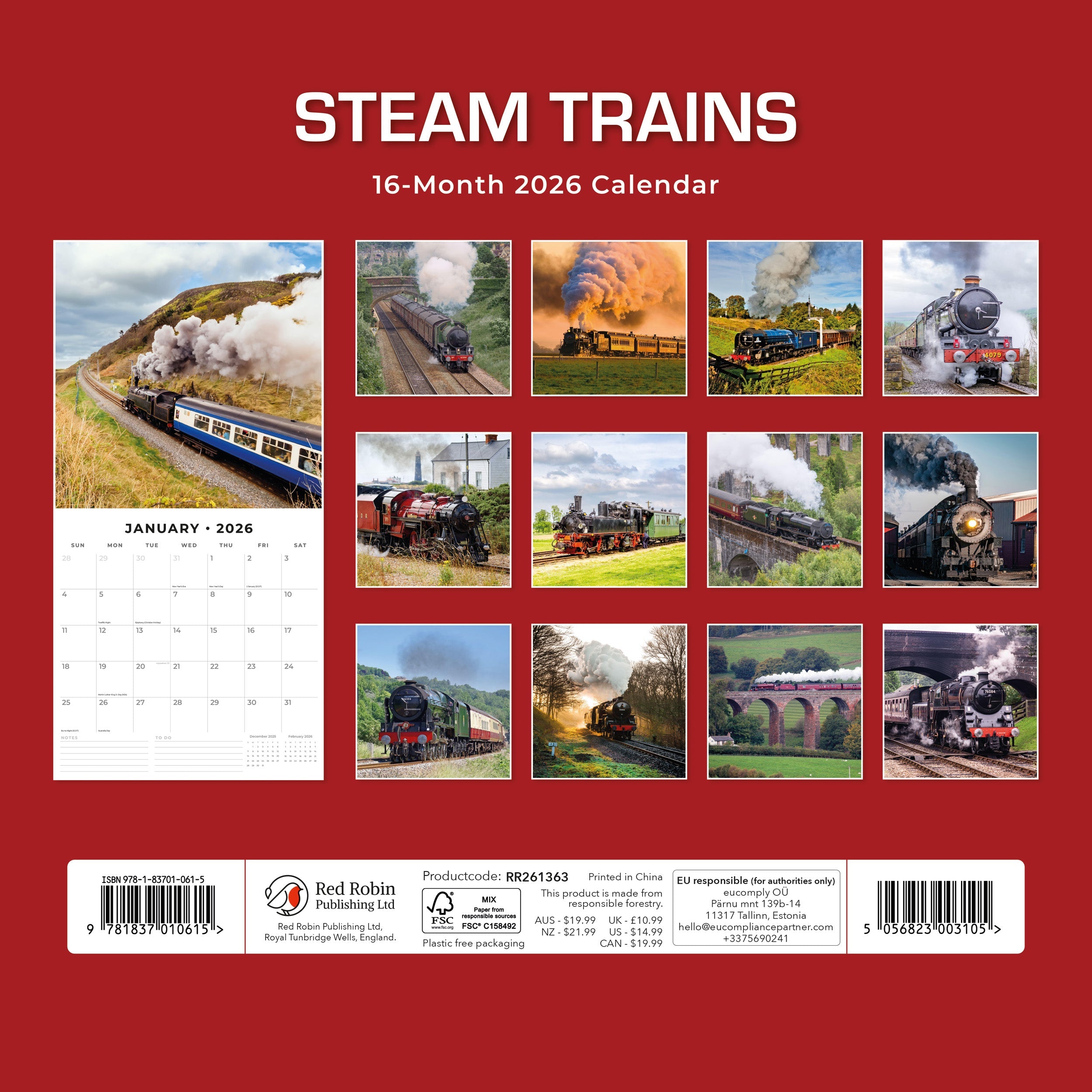 2026 Steam Trains - Square Wall Calendar