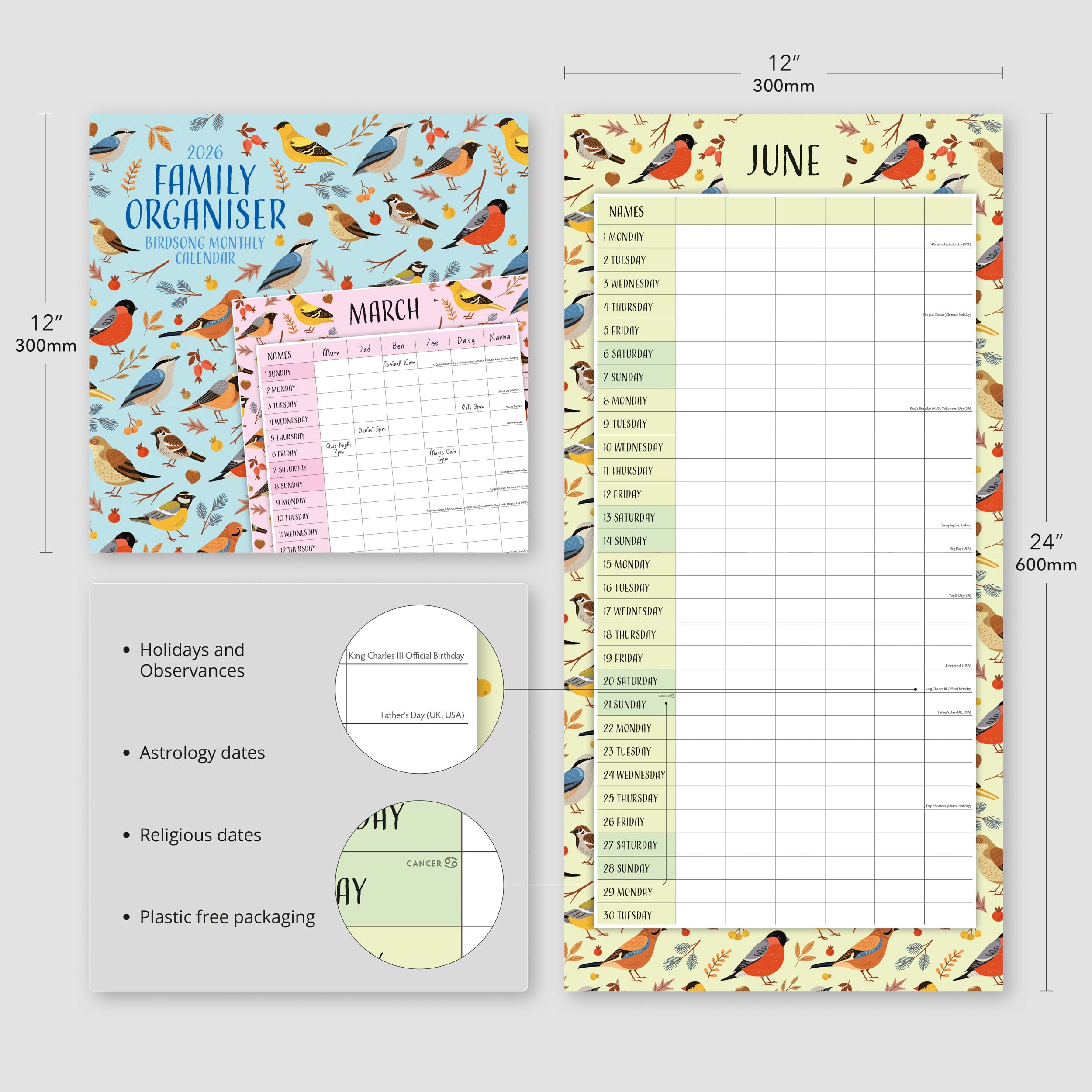 2026 Family Organiser - Birdsong - Square Wall Calendar