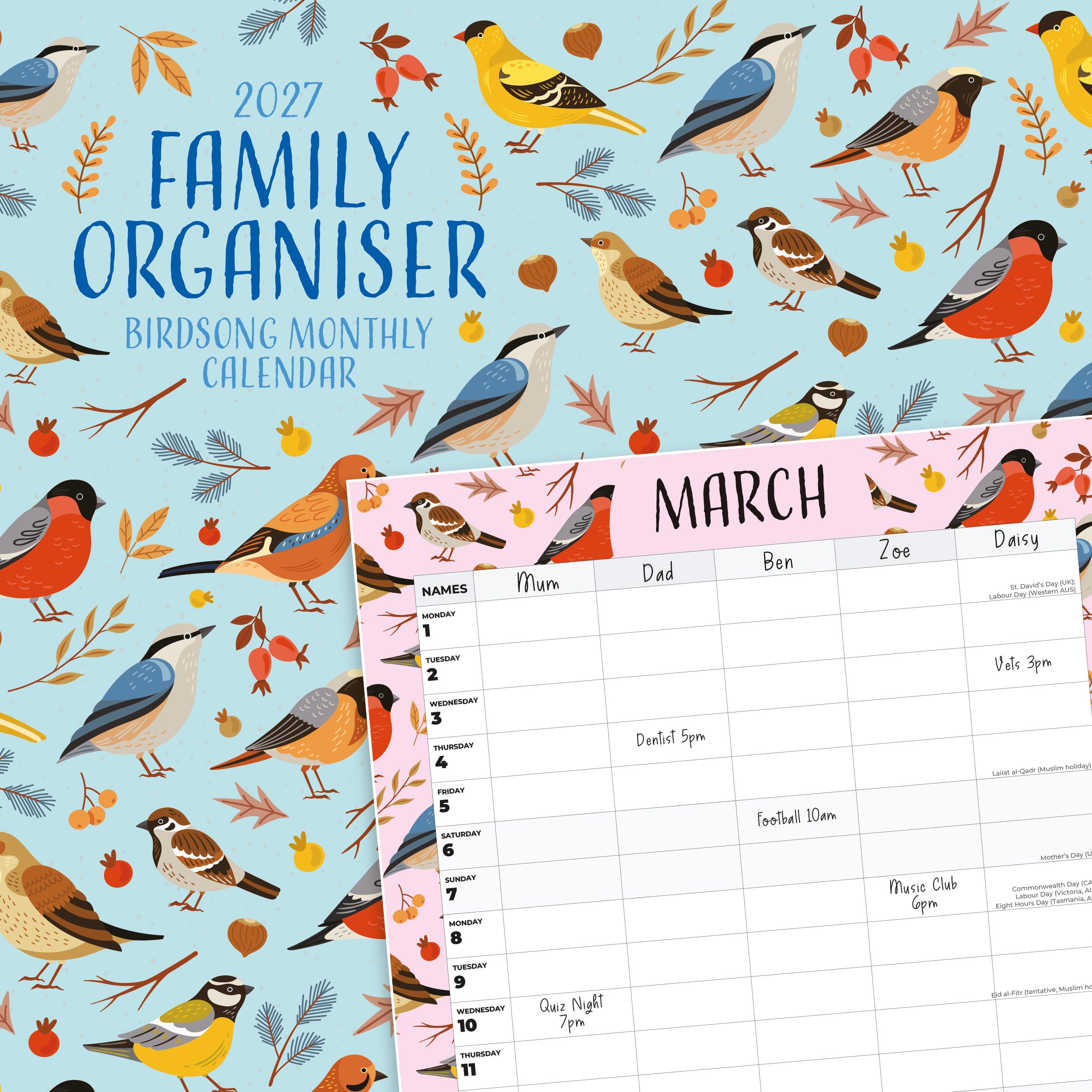 2027 Family Organiser - Birdsong - Square Wall Calendar