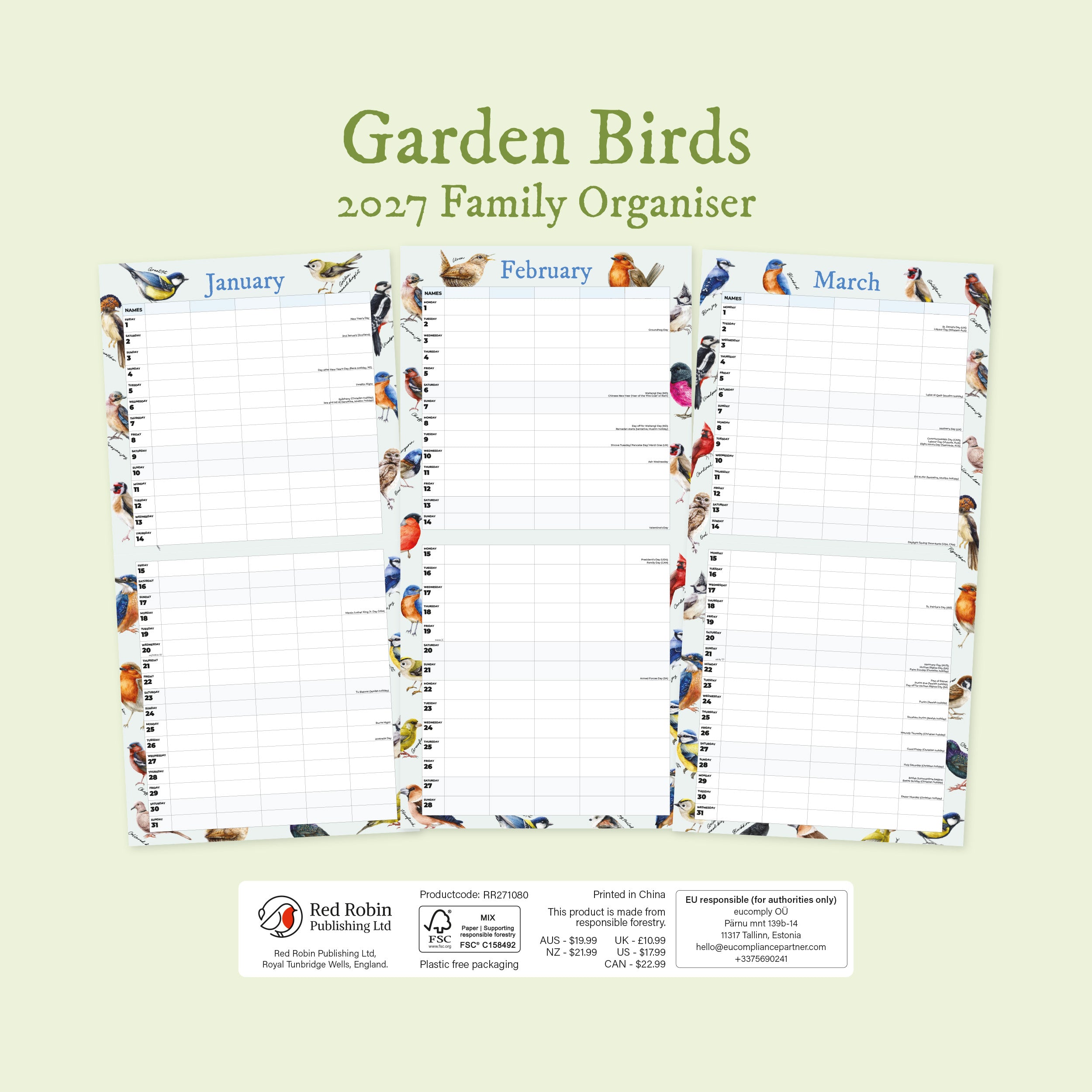2027 Garden Birds Family Organiser - Square Wall Calendar