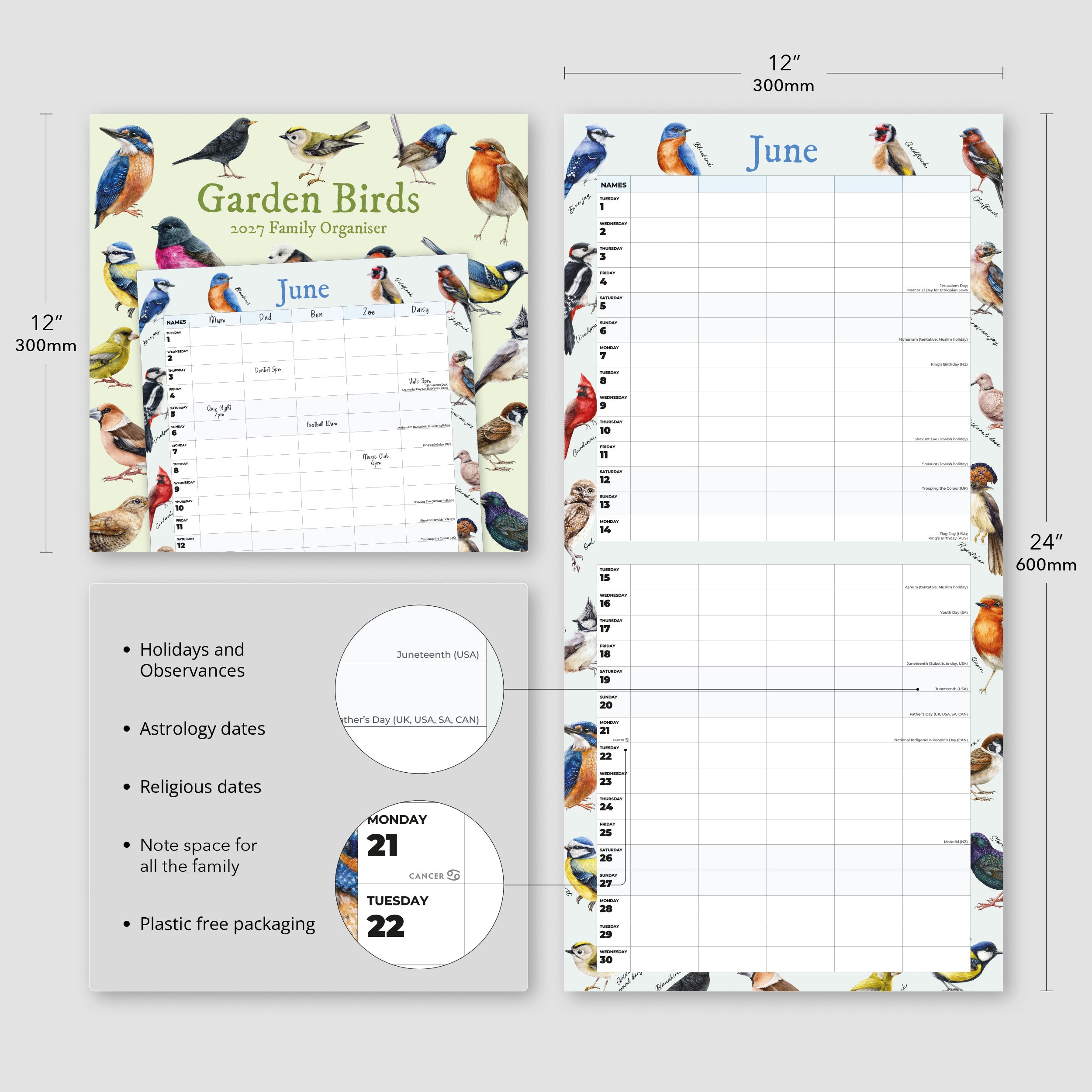 2027 Garden Birds Family Organiser - Square Wall Calendar