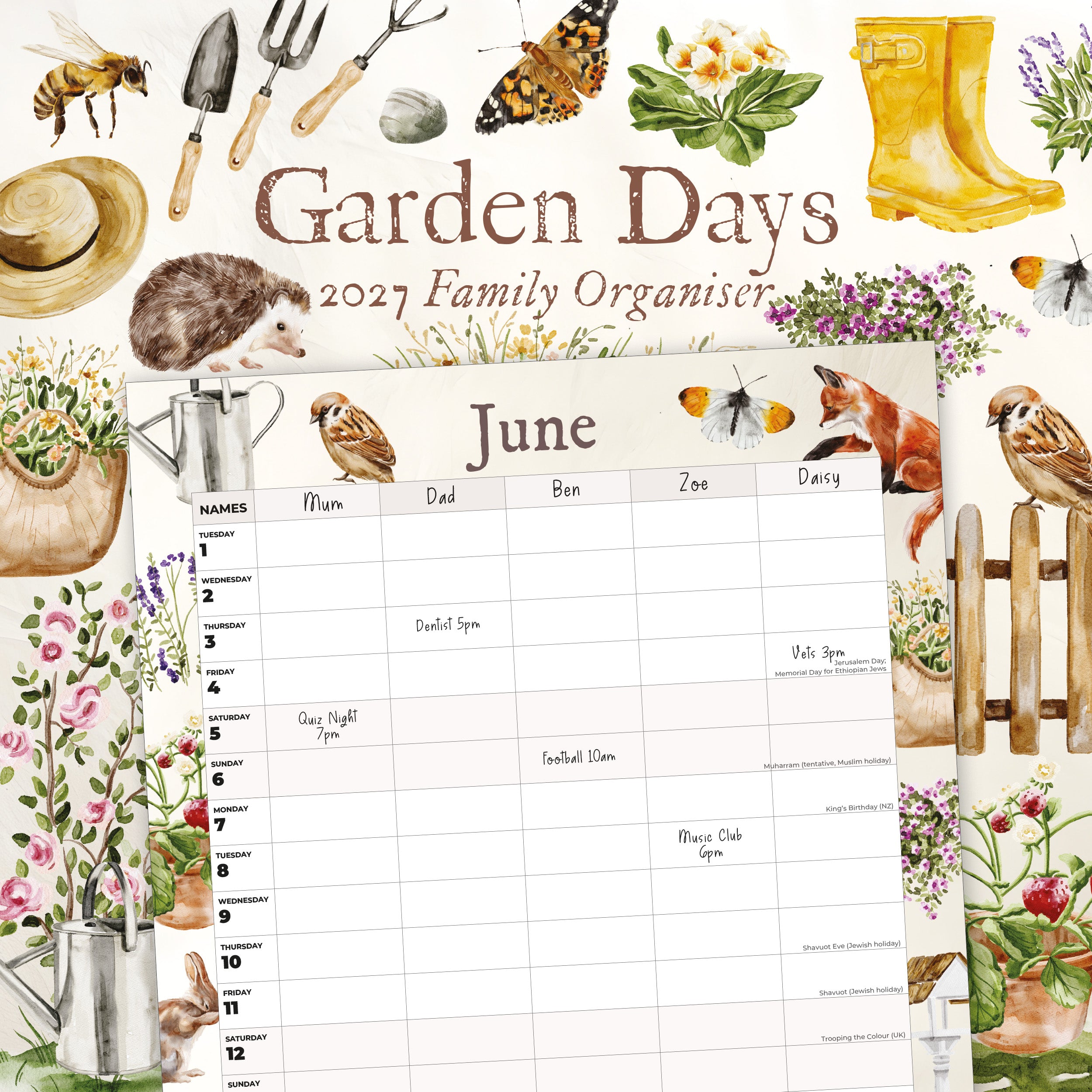 2027 Garden Days Family Organiser - Square Wall Calendar