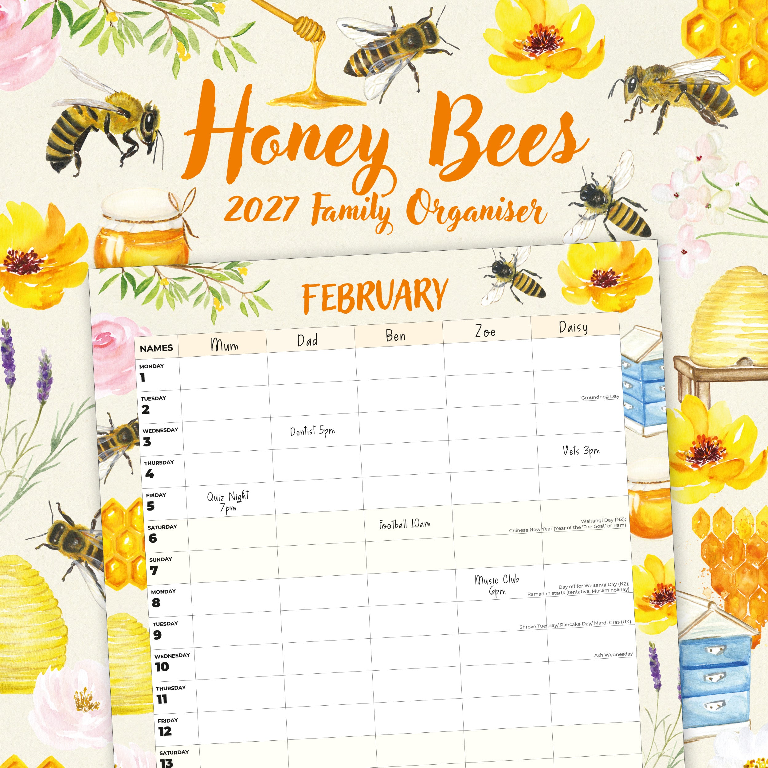 2027 Honey Bees Family Organiser - Square Wall Calendar