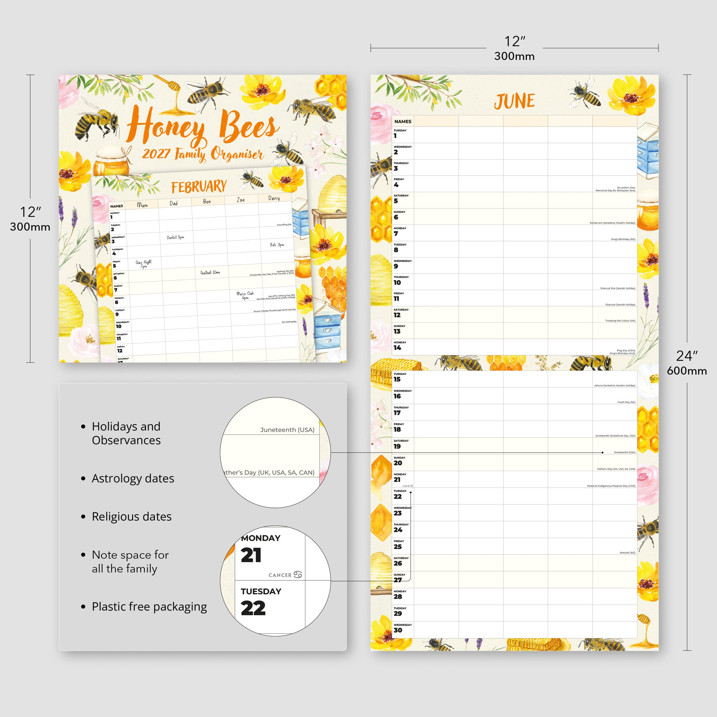 2027 Honey Bees Family Organiser - Square Wall Calendar