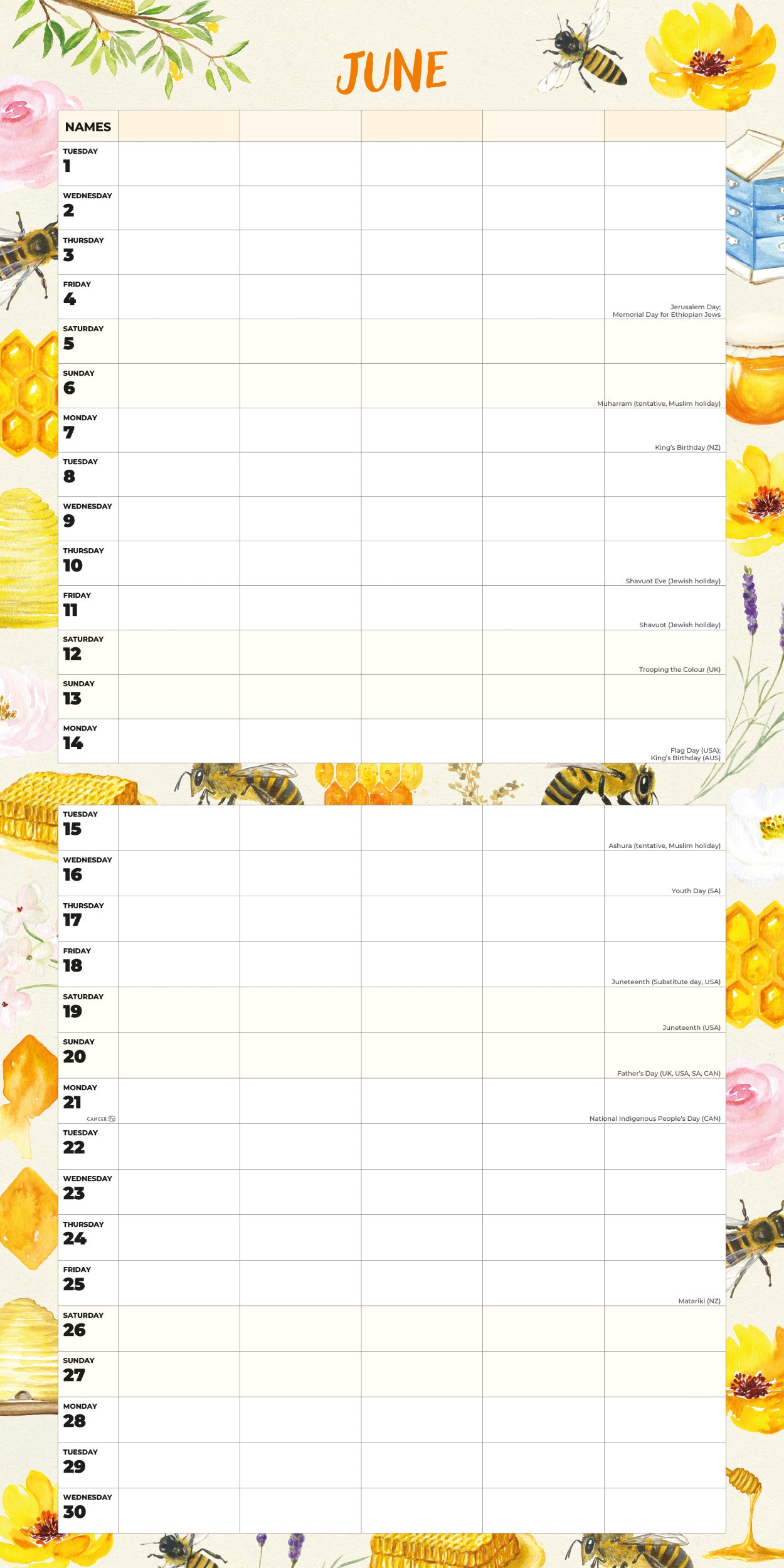2027 Honey Bees Family Organiser - Square Wall Calendar