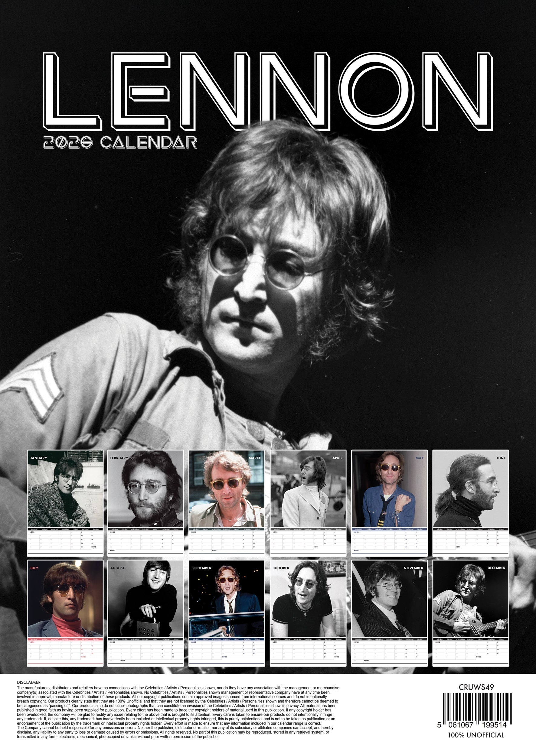 2026 John Lennon - A3 Wall Calendar