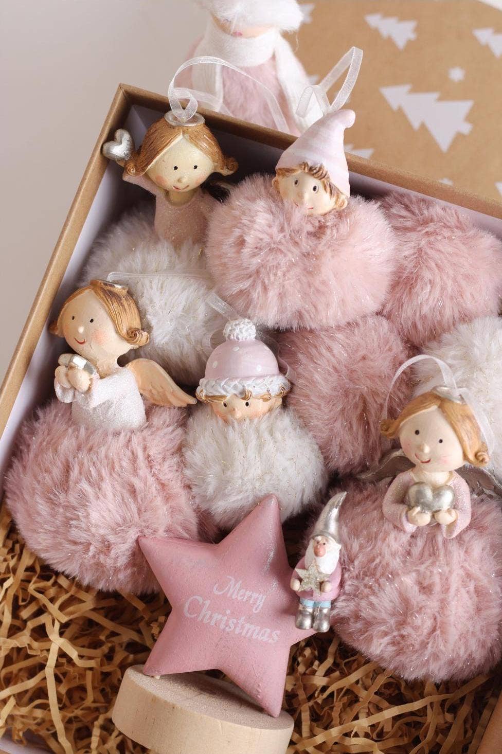 Cute & Fluffy Pink & White Resin Angel - Christmas Decoration