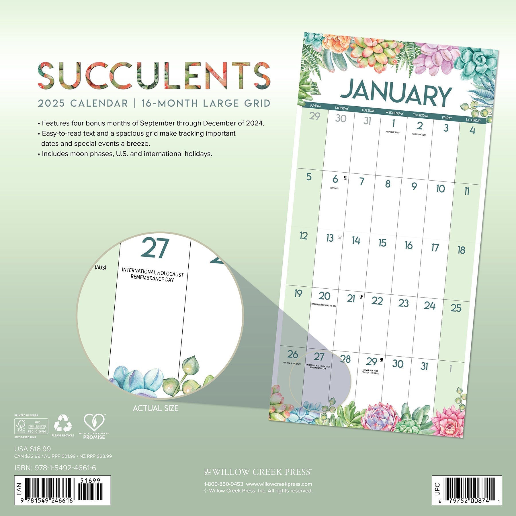 2025 Succulents Large Grid Square Wall Calendar (US Only)