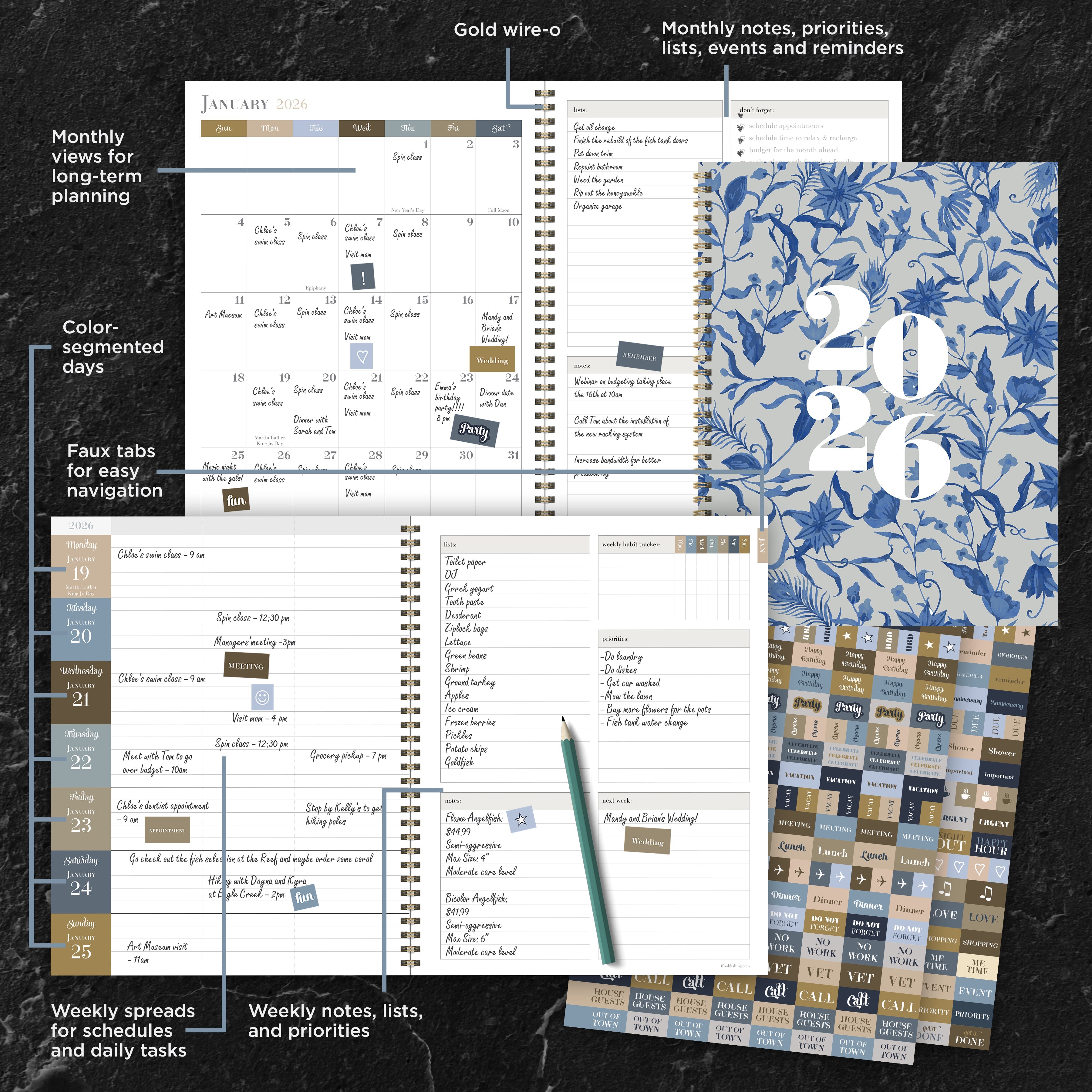 2026 Tres Belle Blue - Large Monthly & Weekly Diary/Planner