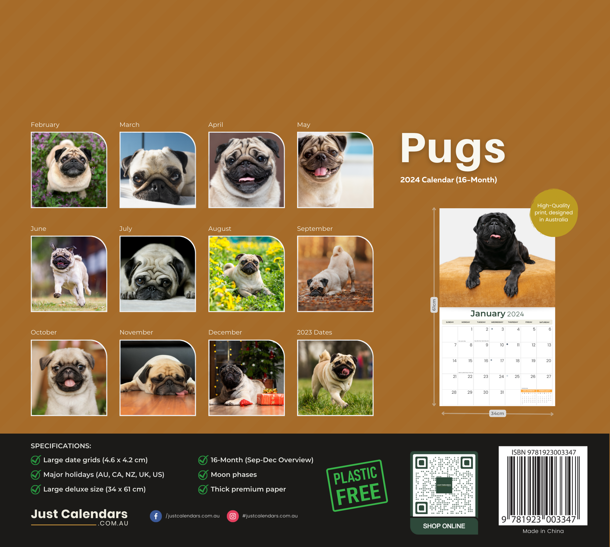 2024 Pugs Dogs & Puppies - Deluxe Wall Calendar by Just Calendars - 16 Month - Plastic Free