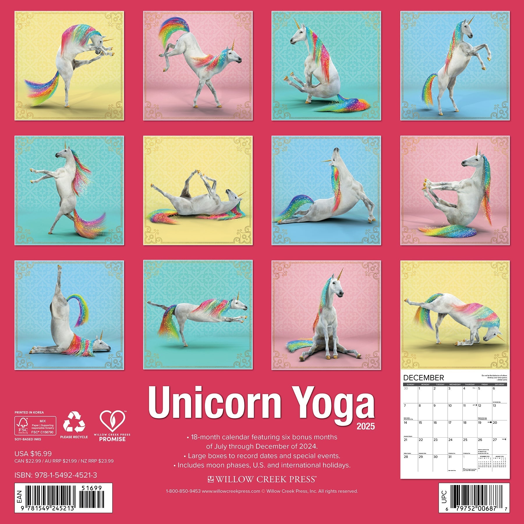 2025 Unicorn Yoga - Square Wall Calendar (US Only)