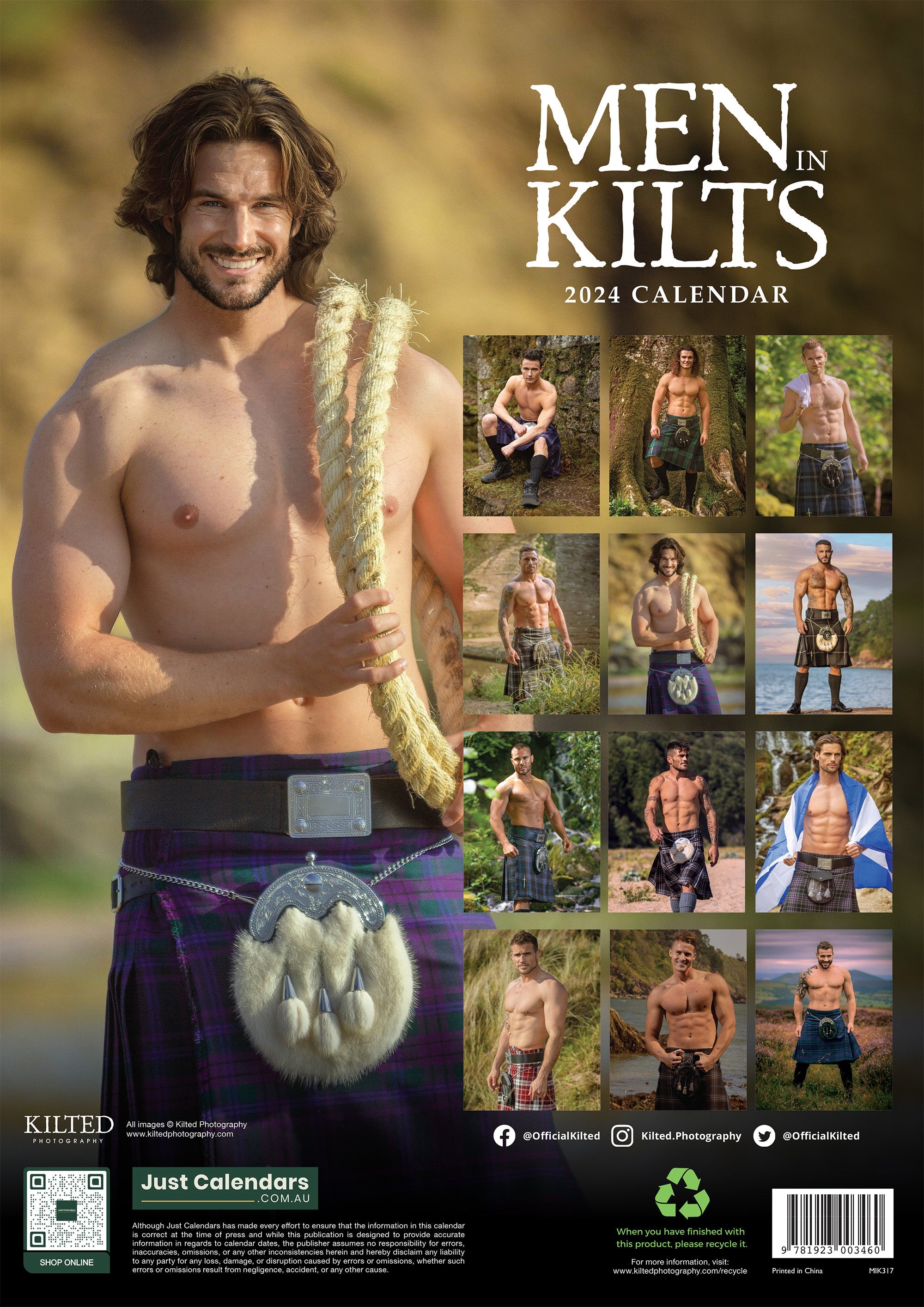 2024 Men In Kilts - A3 Wall Calendar by Just Calendars - Sexy Hot Topless Men - 12 Month - Starts Sunday