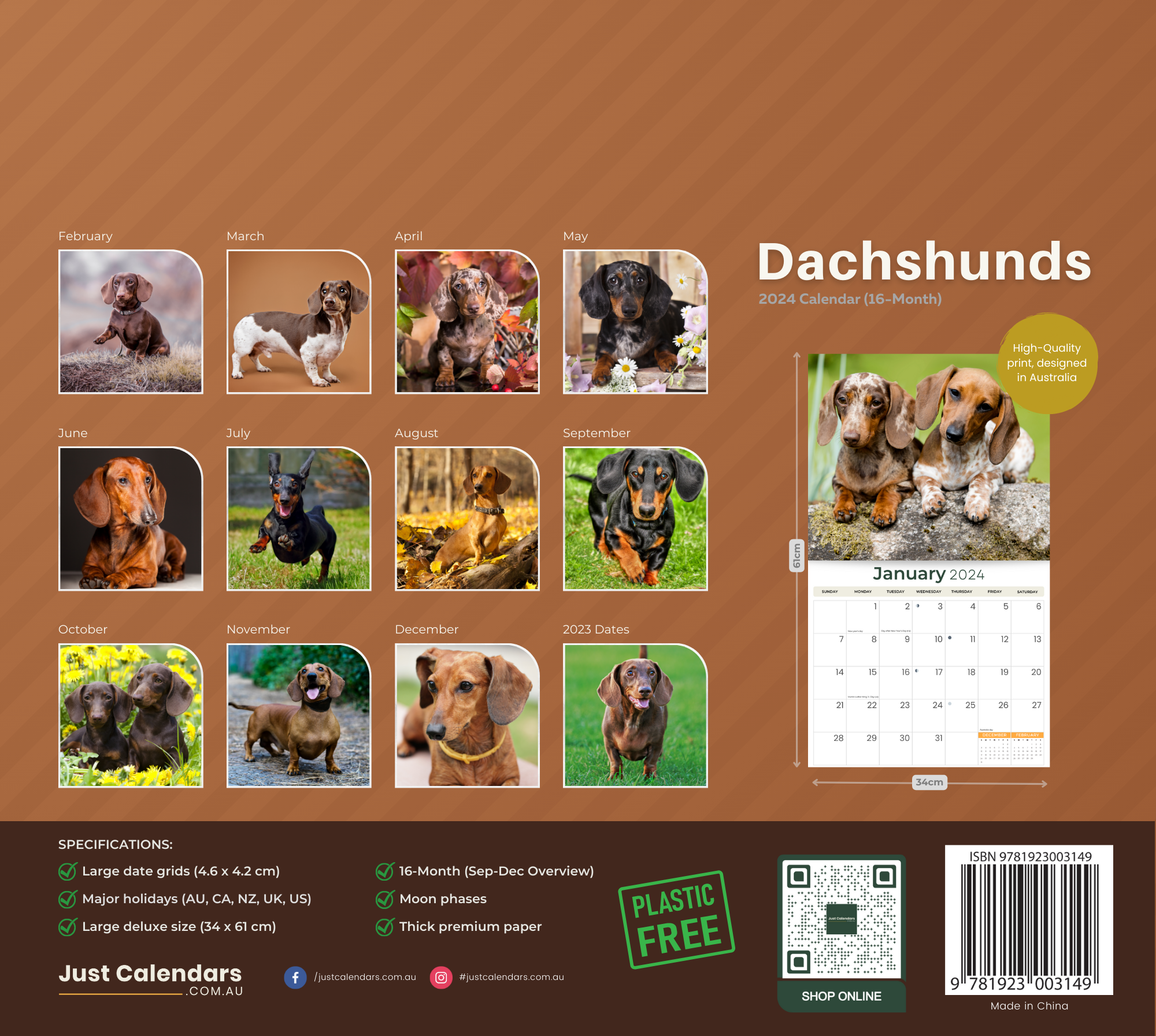 2024 Dachshunds Dogs & Puppies - Deluxe Wall Calendar by Just Calendars - 16 Month - Plastic Free