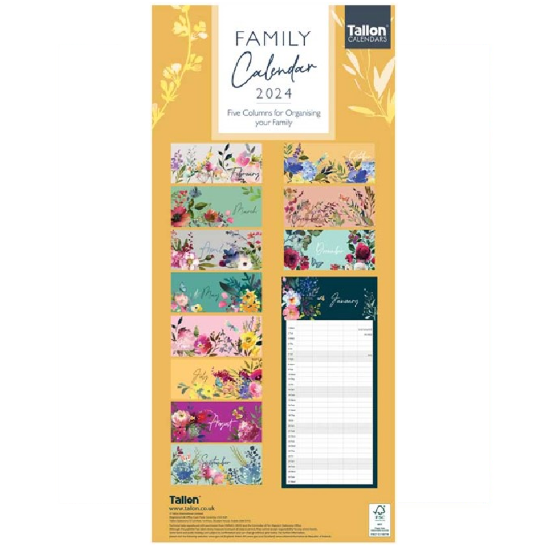 2024 Yellow Botanical Family Organiser - Slim Wall Calendar  SOLD OUT