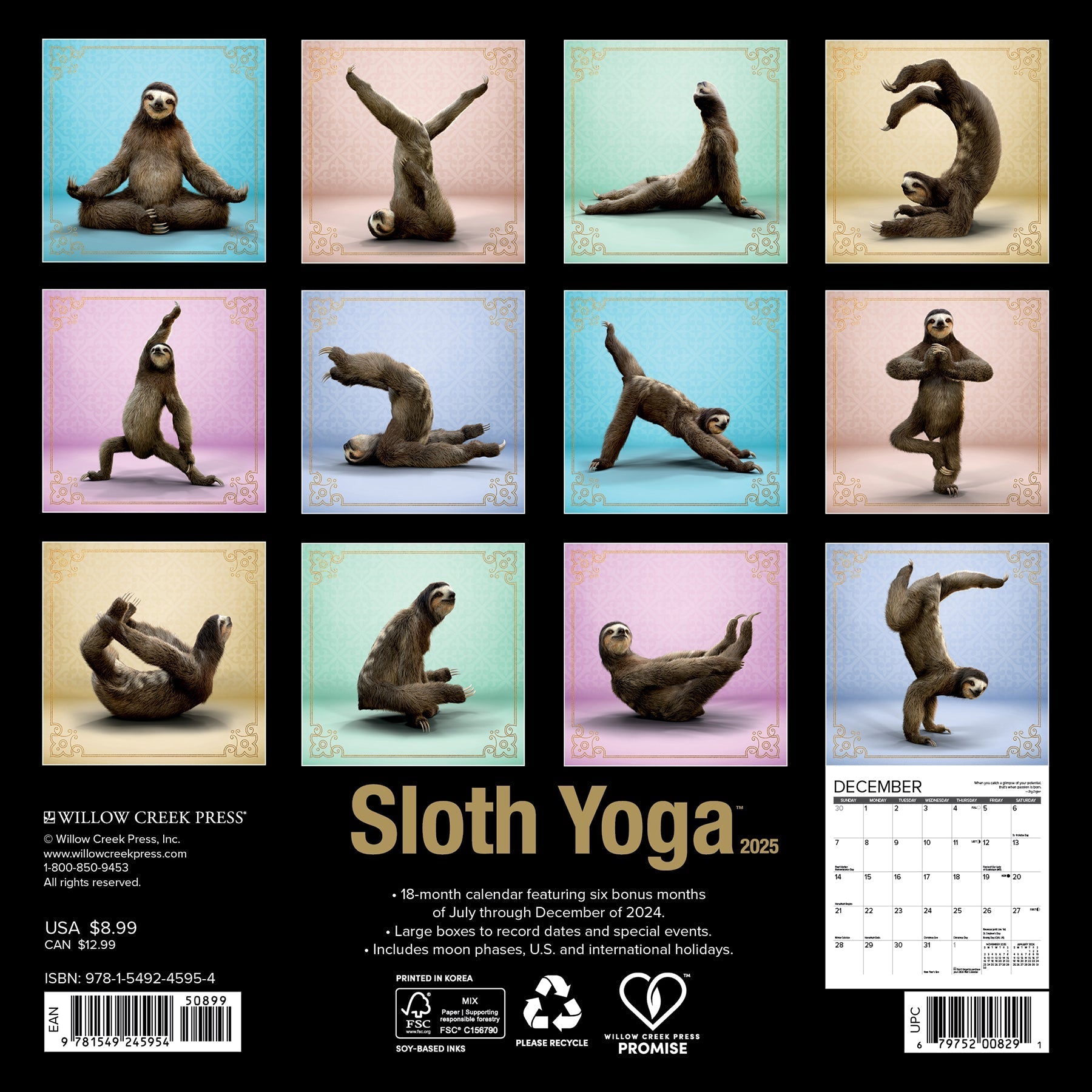 2025 Sloth Yoga - Mini Wall Calendar (US Only)