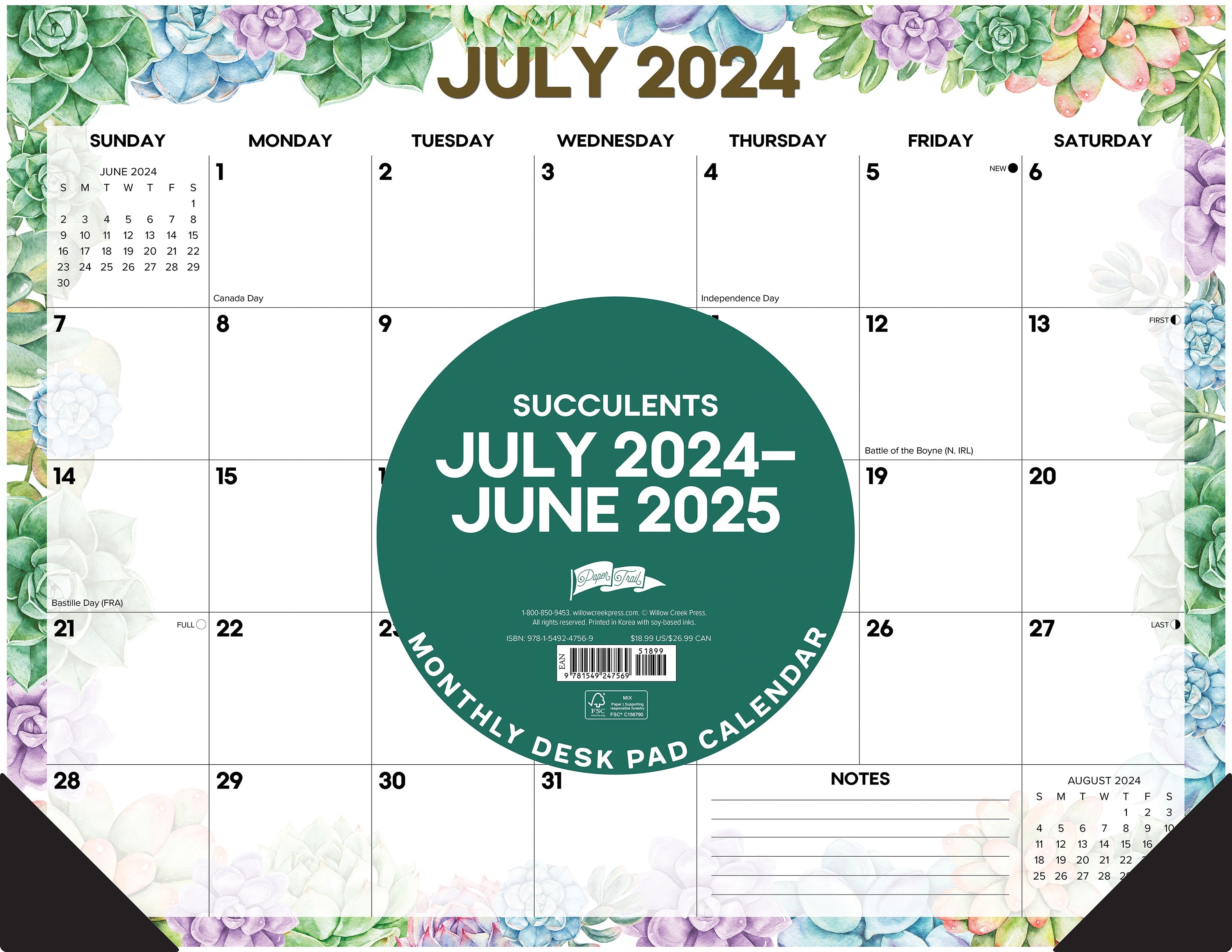 July 2024 - June 2025 Succulents - Large Monthly Desk Pad Academic Calendar