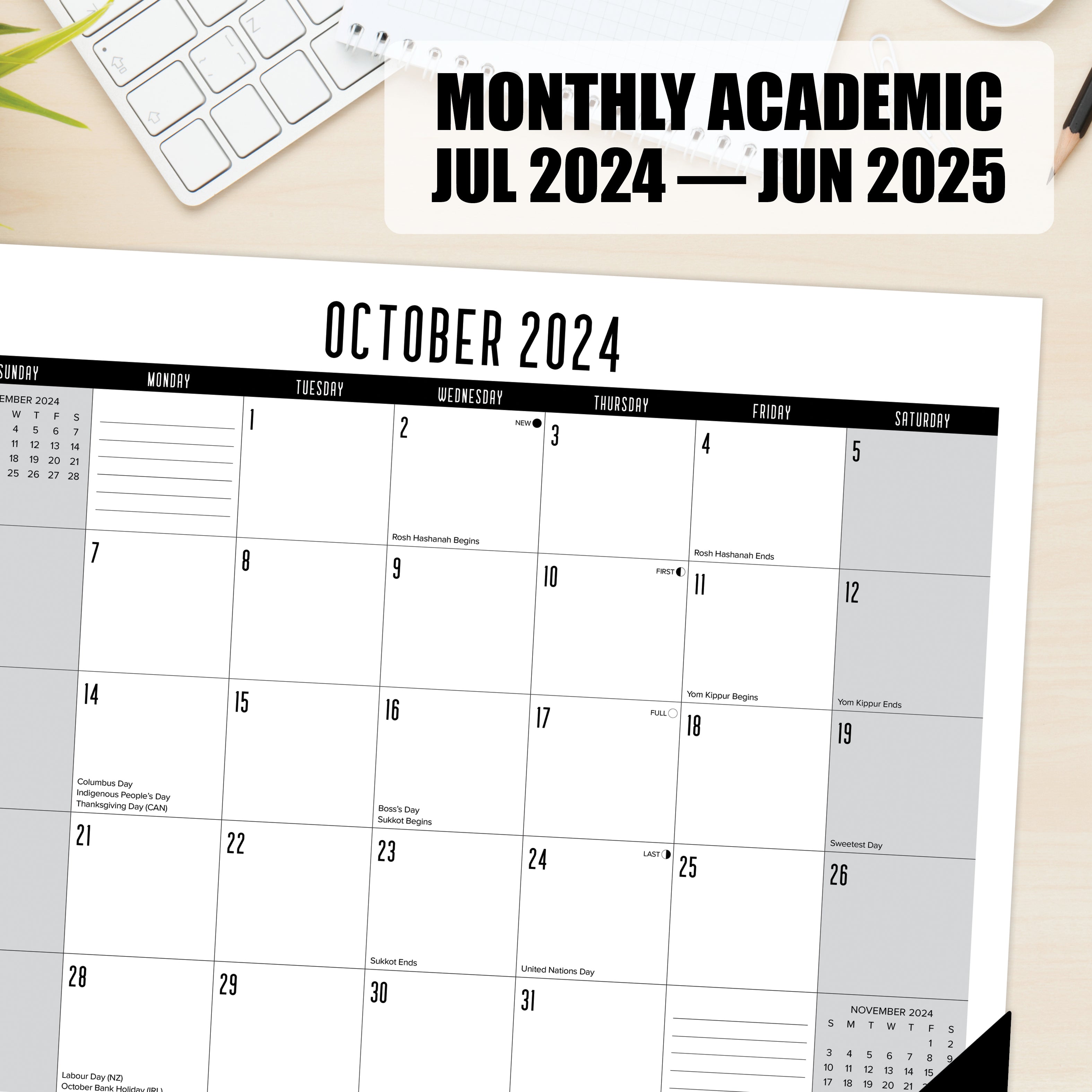 July 2024 - June 2025 Basic - Large Monthly Desk Pad Academic Calendar