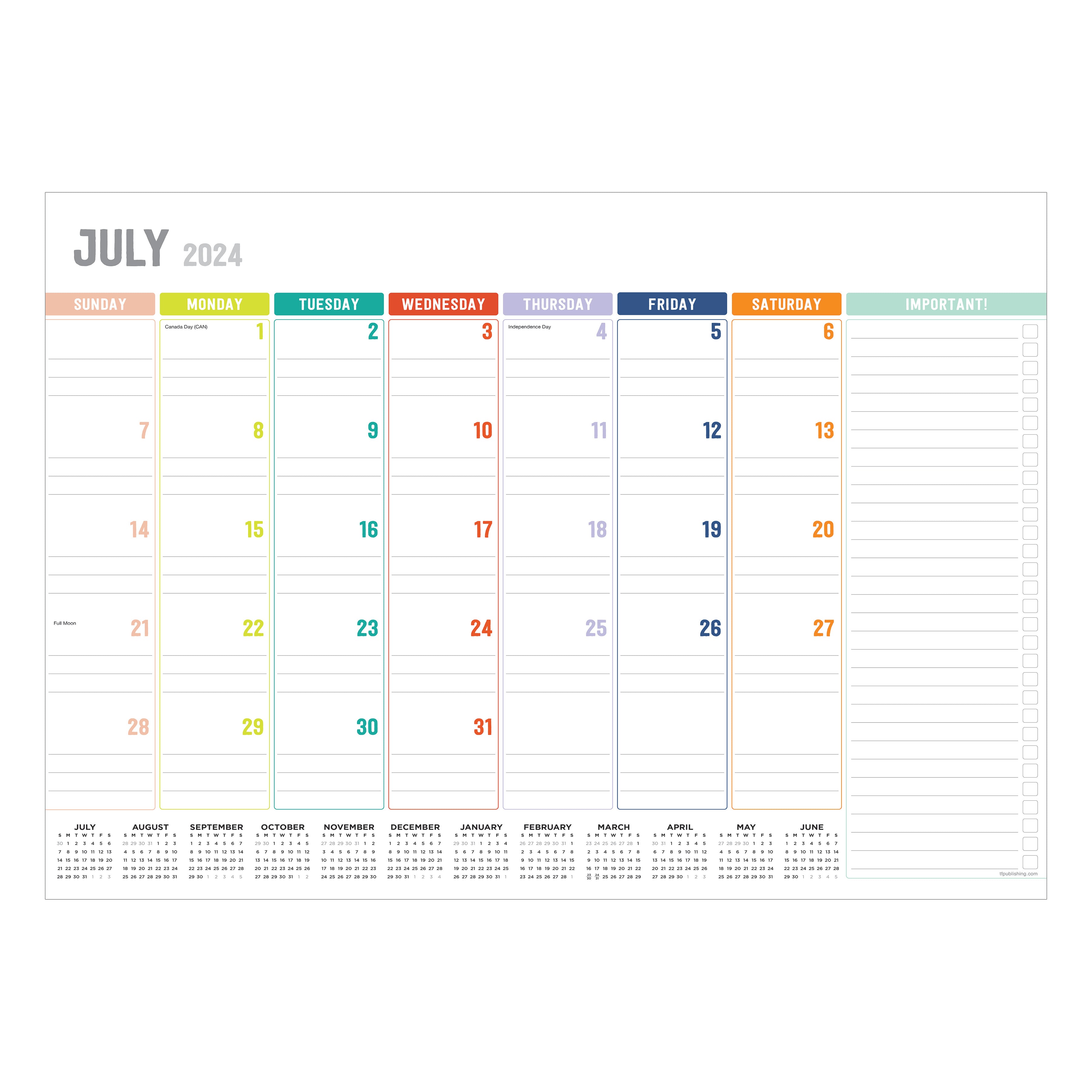 July 2024 - June 2025 Rainbow Blocks - Medium Monthly Desk Pad Blotter Academic Calendar
