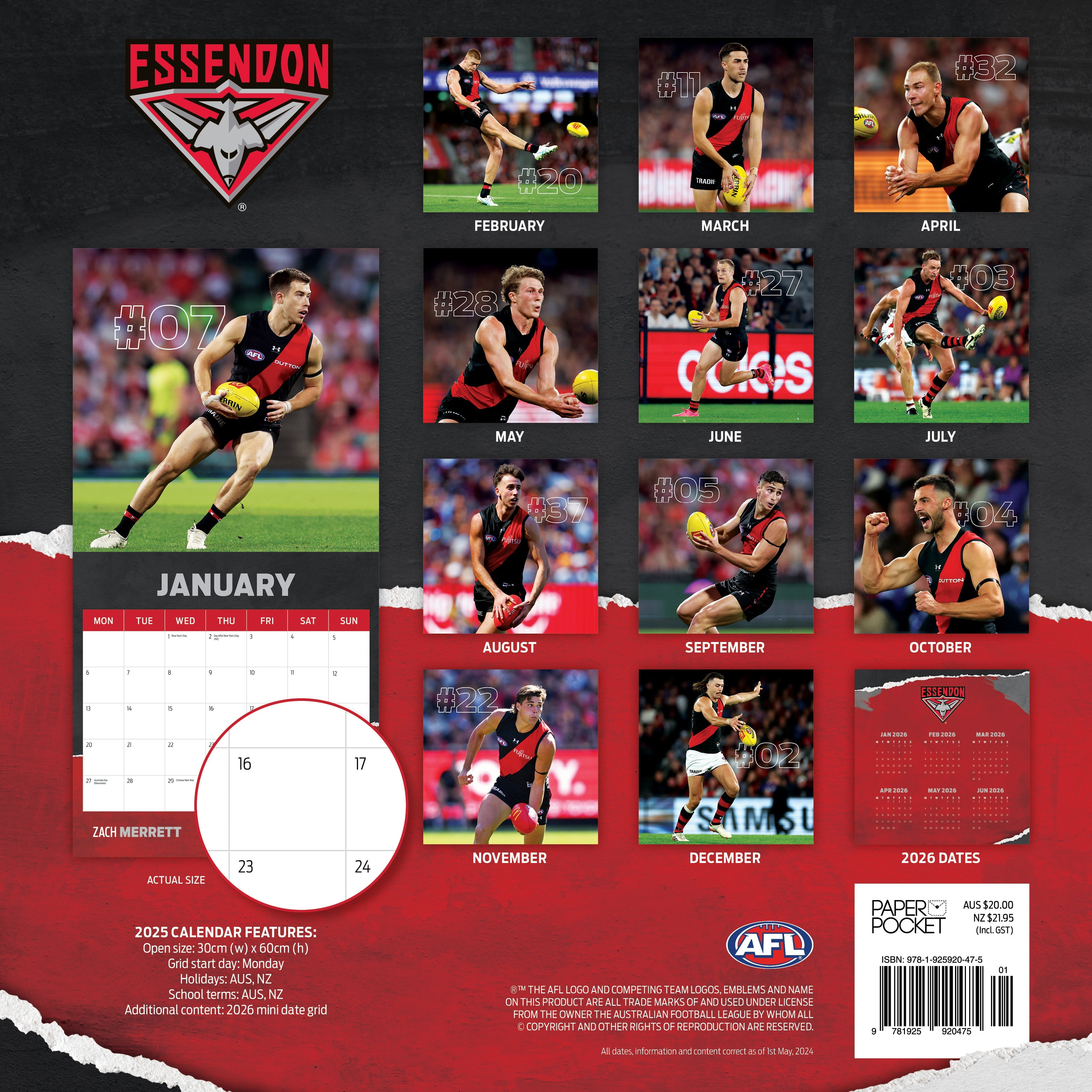 2025 AFL Essendon Bombers - Square Wall Calendar