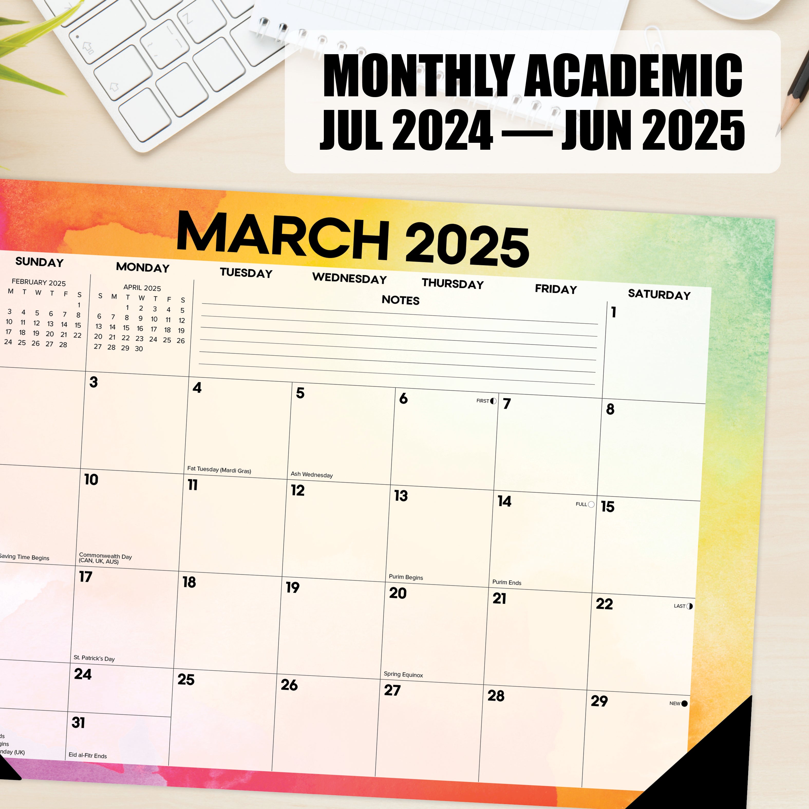July 2024 - June 2025 Rainbow Gradient - Medium Monthly Desk Pad Academic Calendar