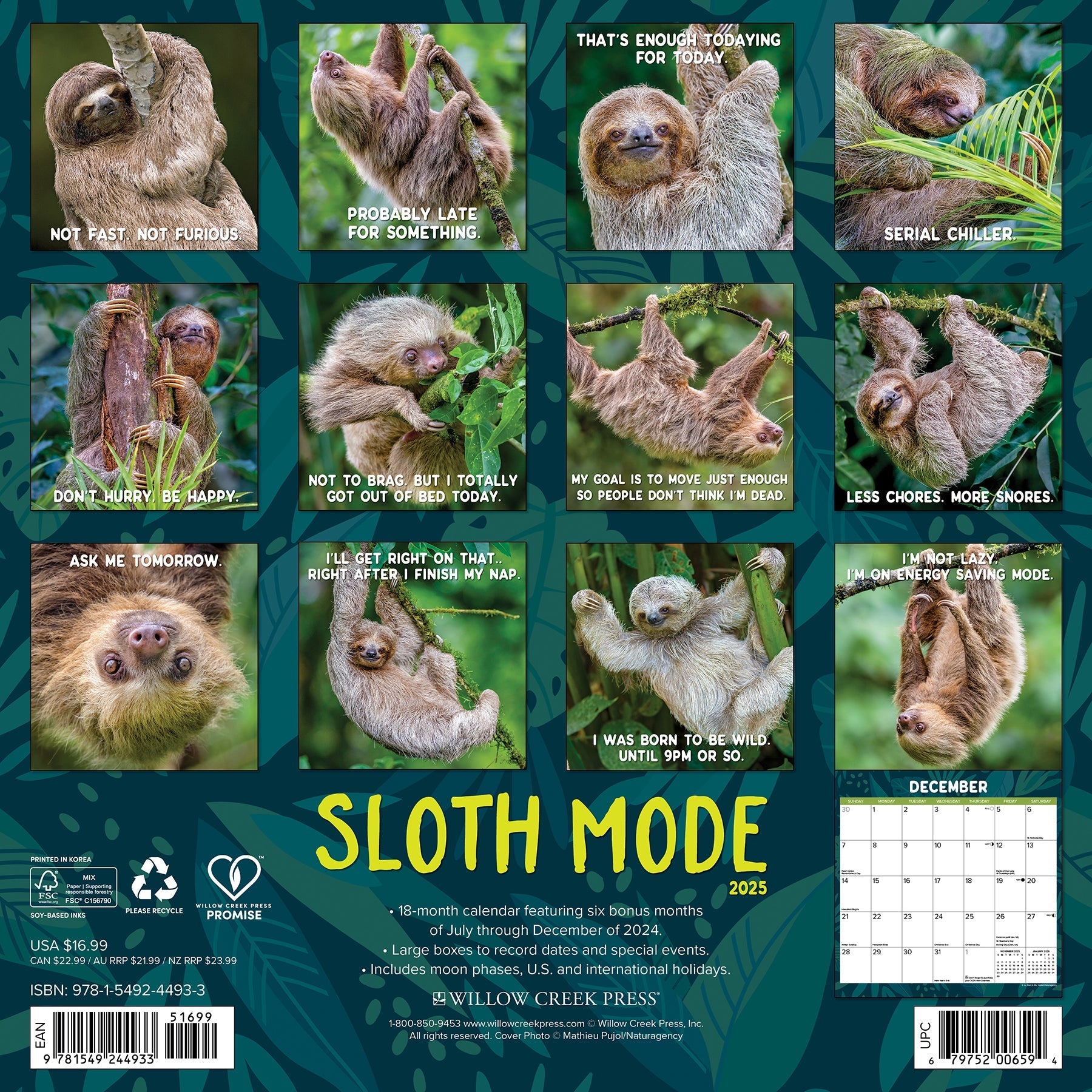 2025 Sloth Mode - Square Wall Calendar (US Only)