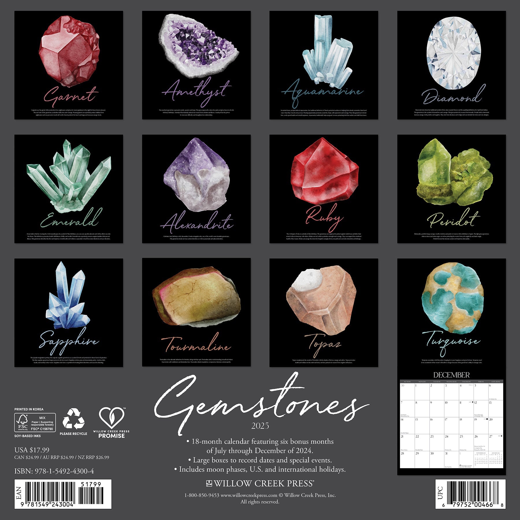 2025 Gemstones (w/foil) - Square Wall Calendar (US Only)