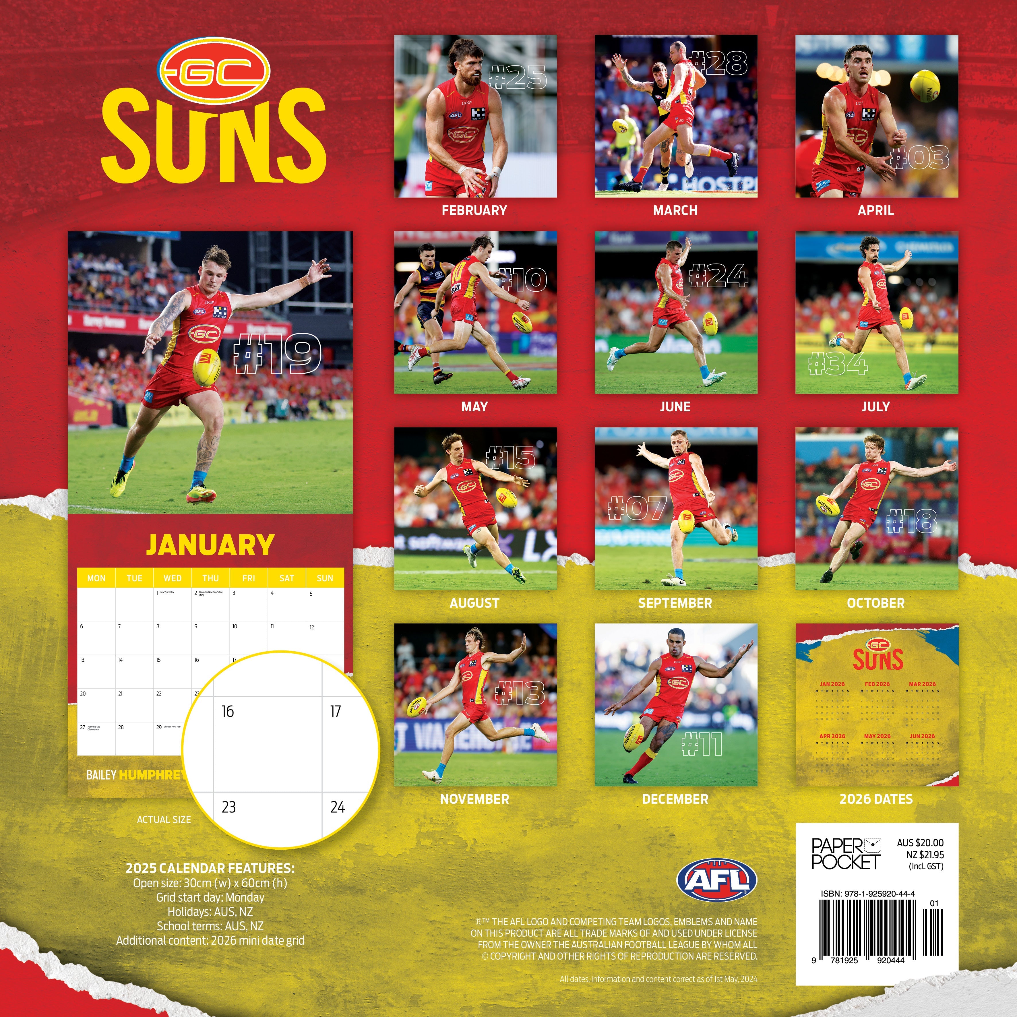 2025 AFL Gold Coast Suns - Square Wall Calendar