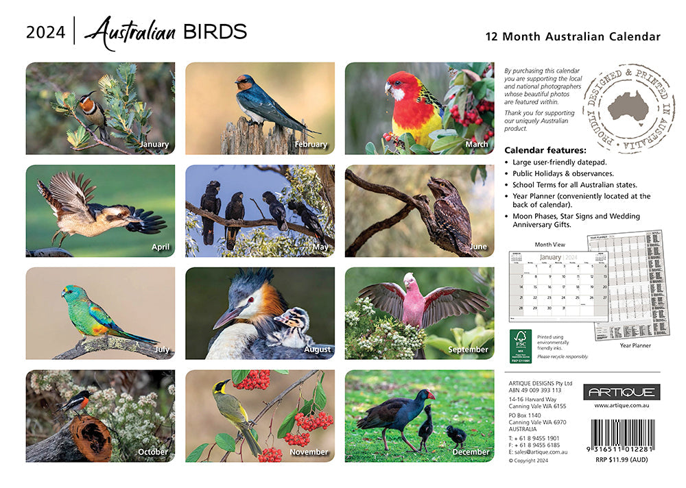 2024 Australian Birds (by Artique) - Horizontal Wall Calendar