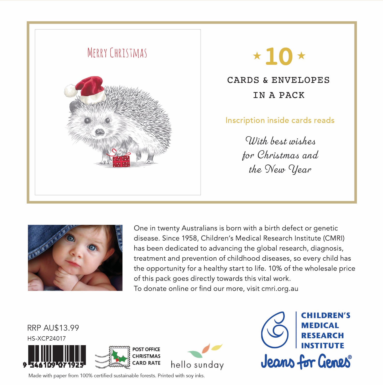 CMRI - Hedgehog Present - 10 Charity Christmas Cards Pack