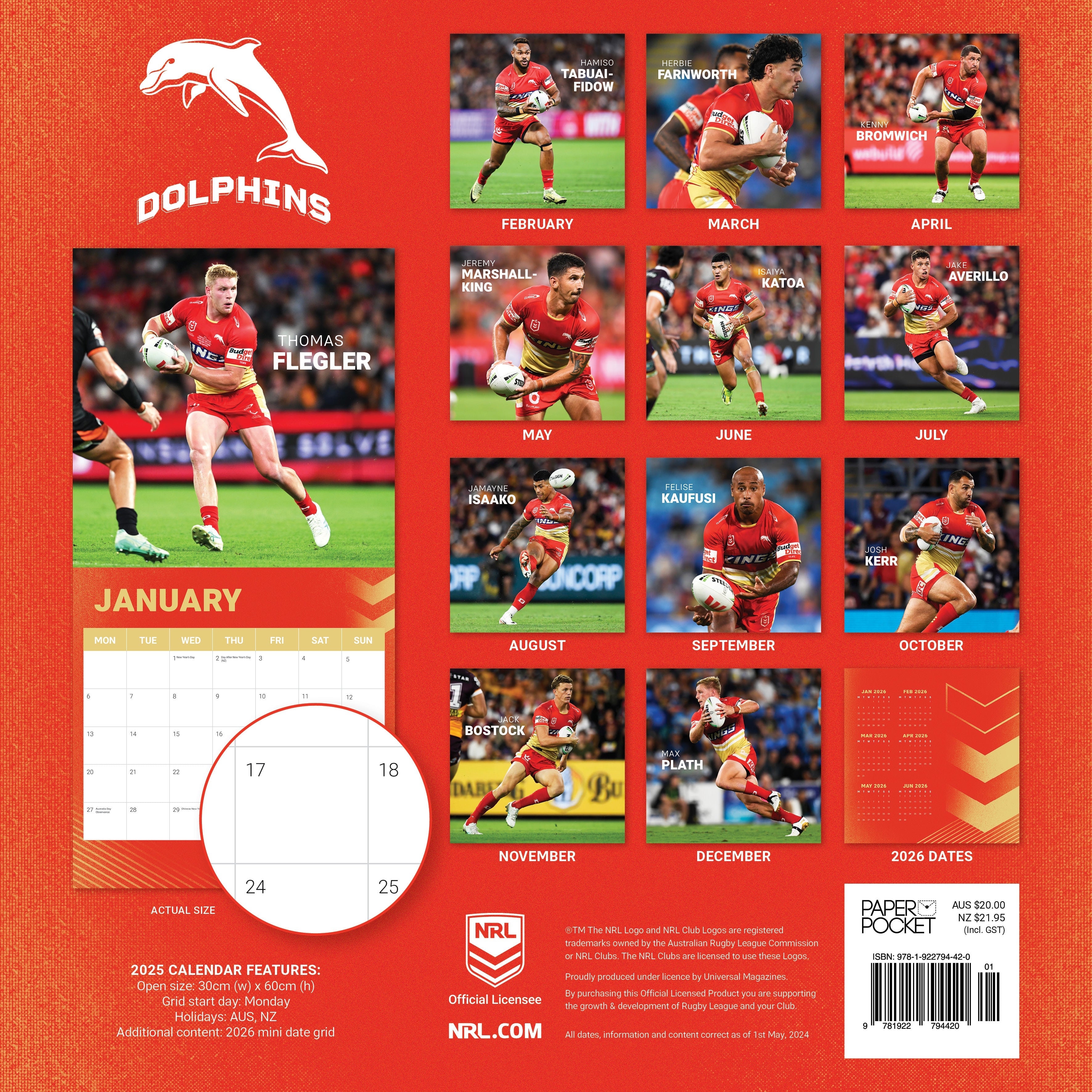 2025 NRL Dolphins - Square Wall Calendar