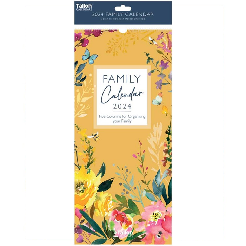 2024 Yellow Botanical Family Organiser - Slim Wall Calendar