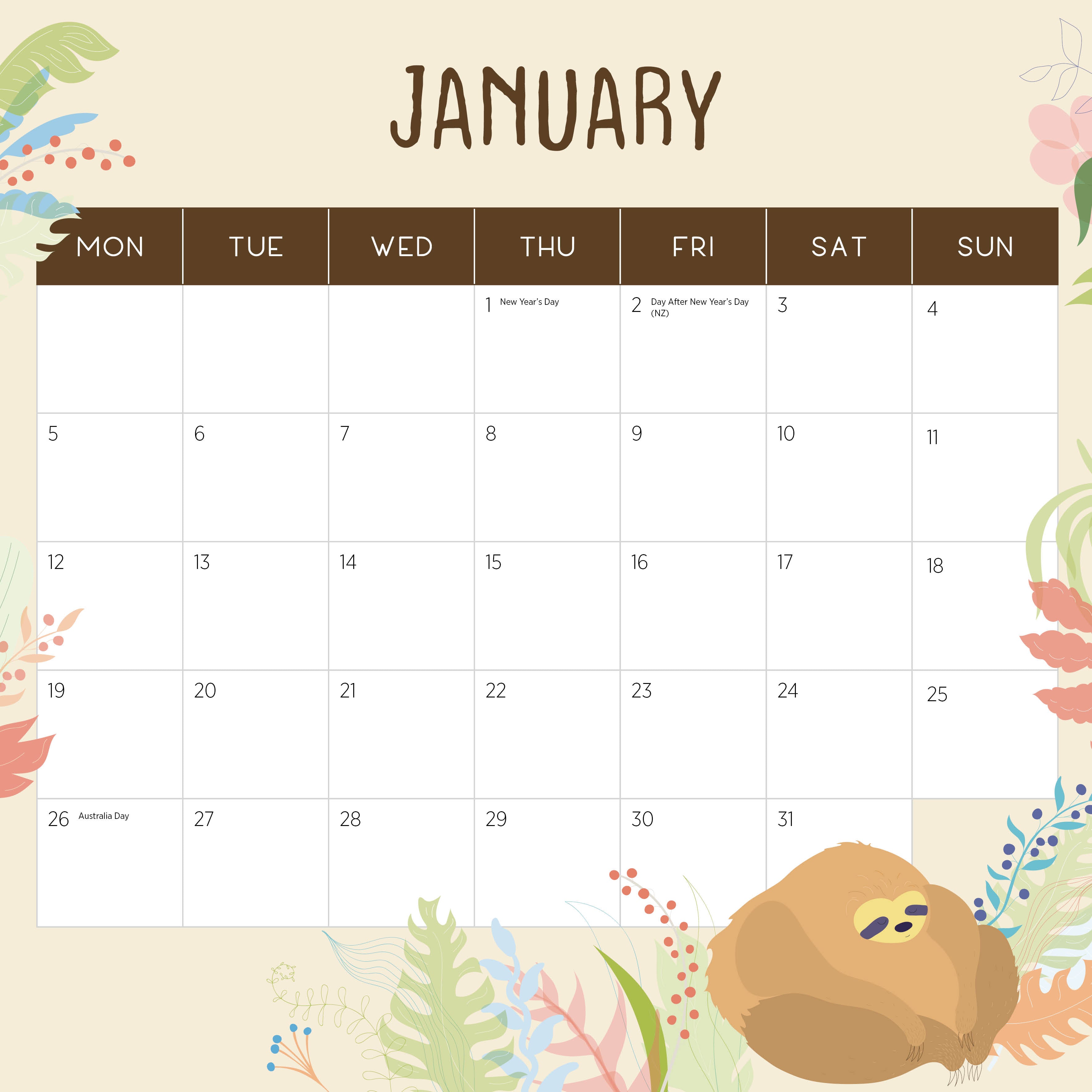 2026 Sloths - Square Wall Calendar