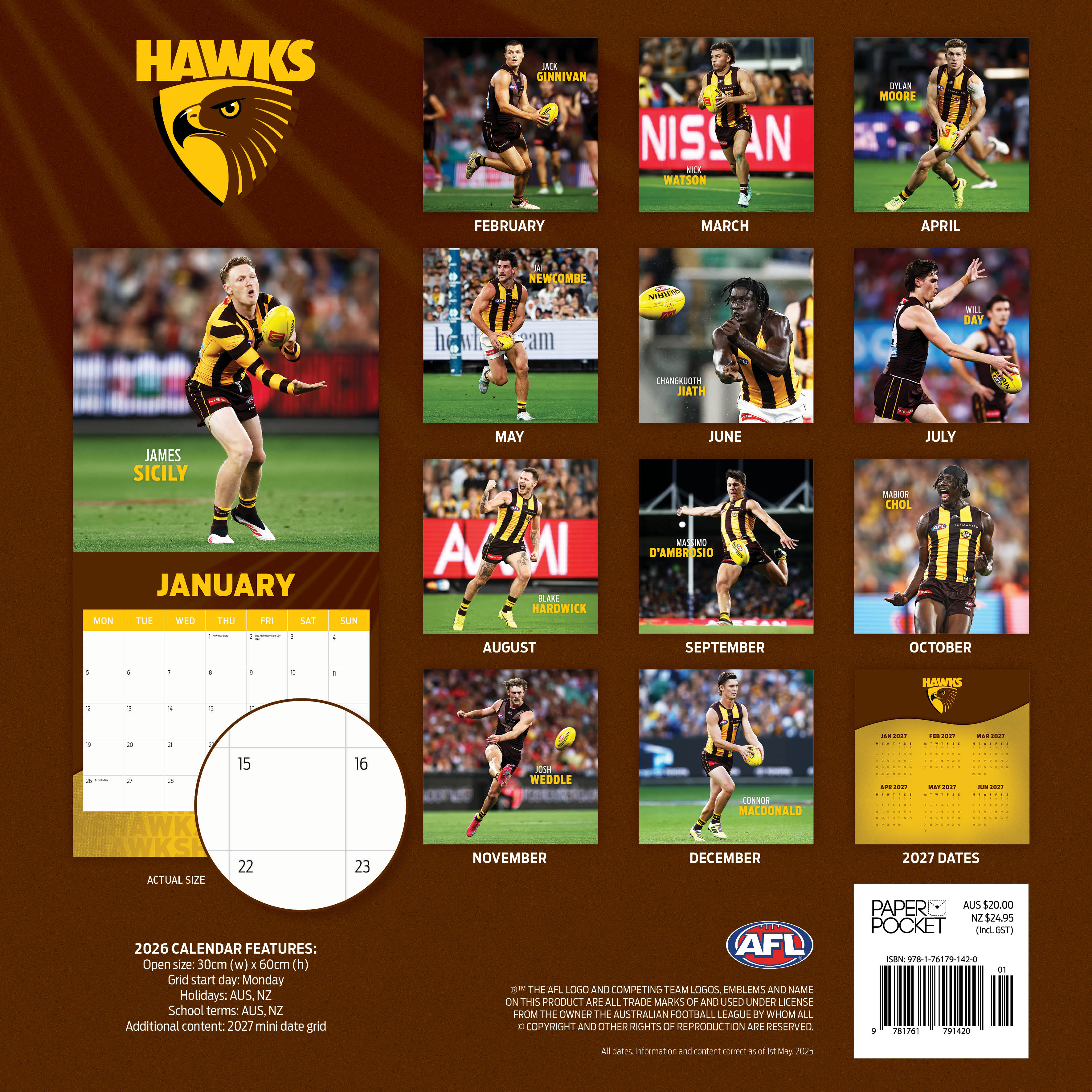 2026 AFL Hawthorn Hawks - Square Wall Calendar