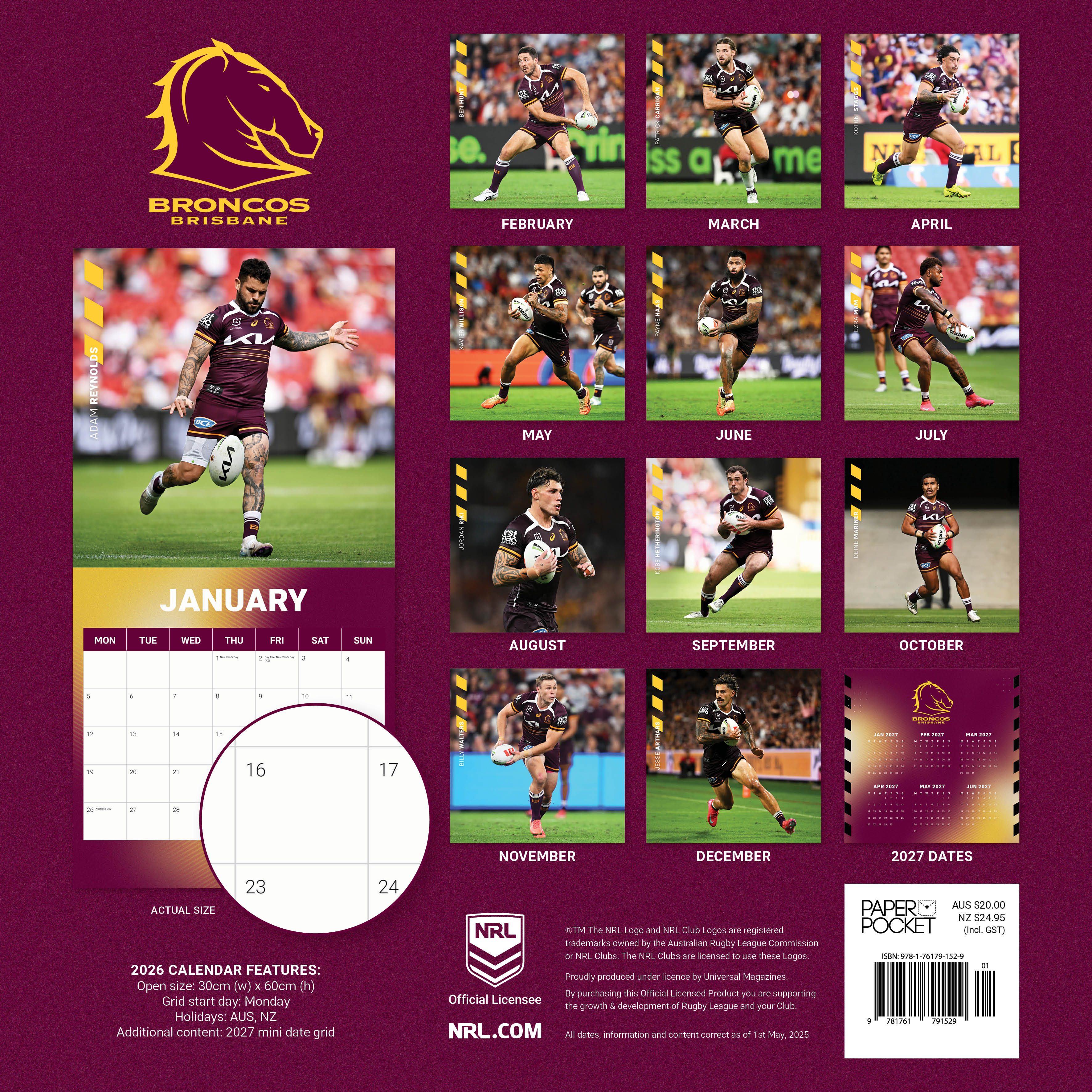 2026 NRL Brisbane Broncos - Square Wall Calendar