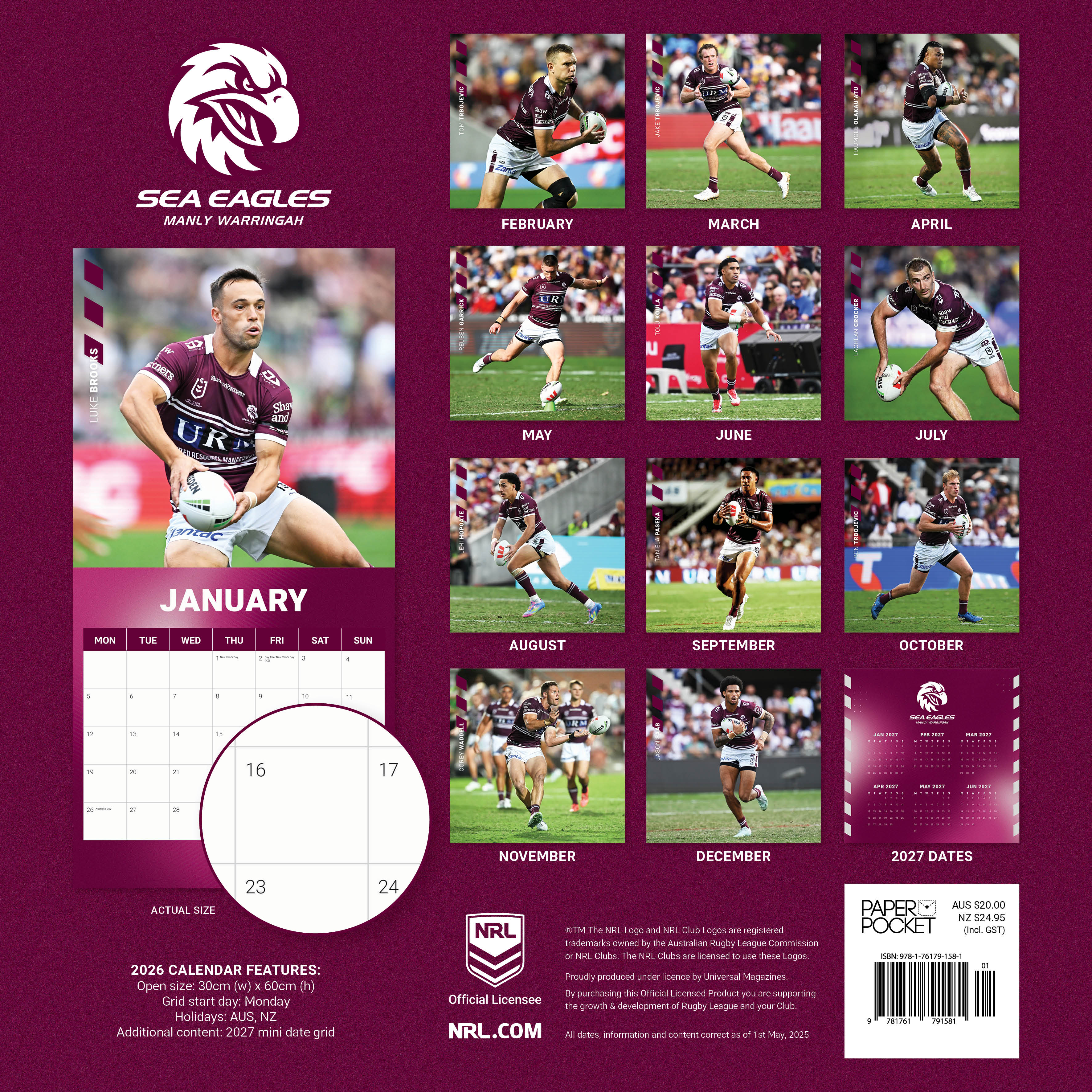 2026 NRL Manly Sea Eagles - Square Wall Calendar