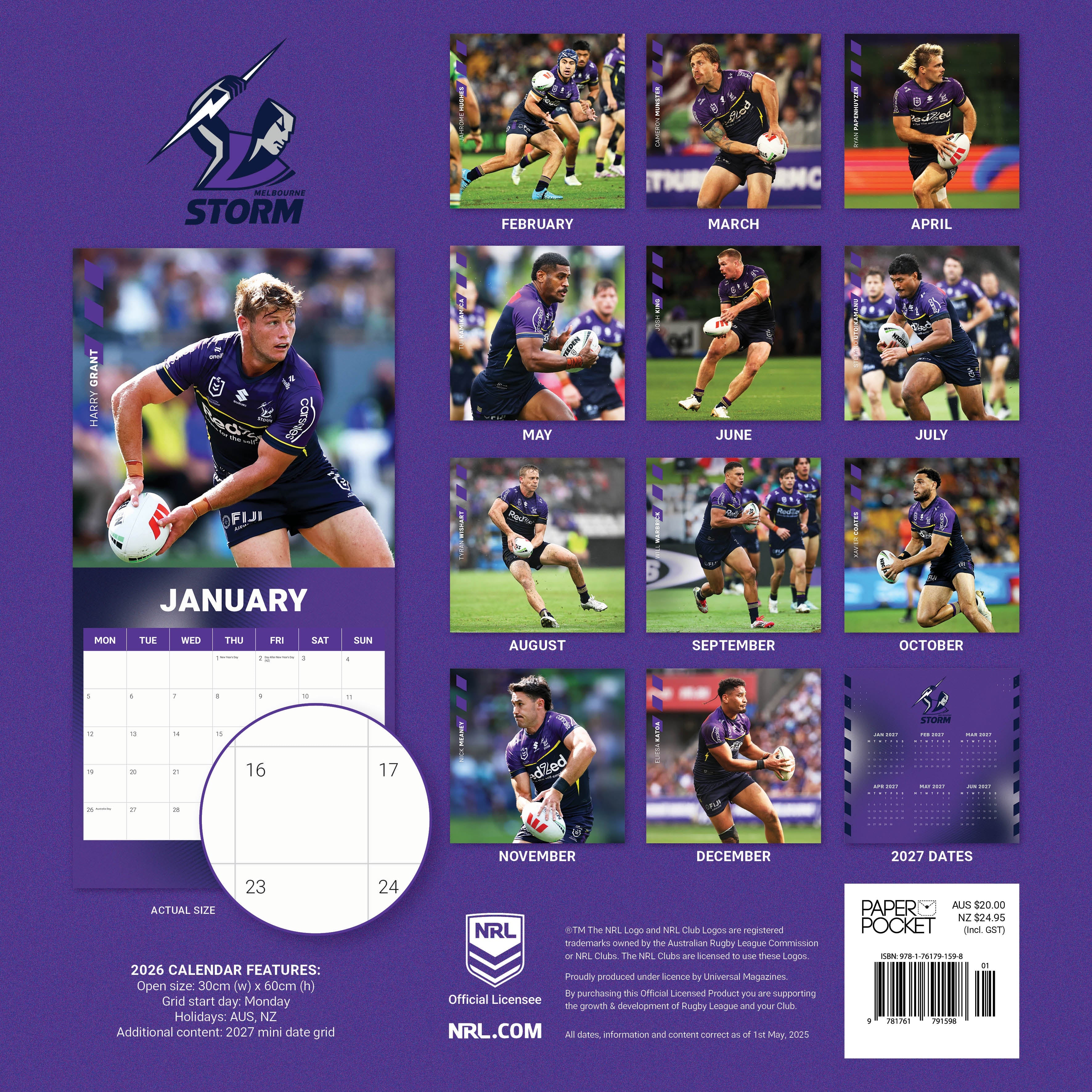 2026 NRL Melbourne Storm - Square Wall Calendar