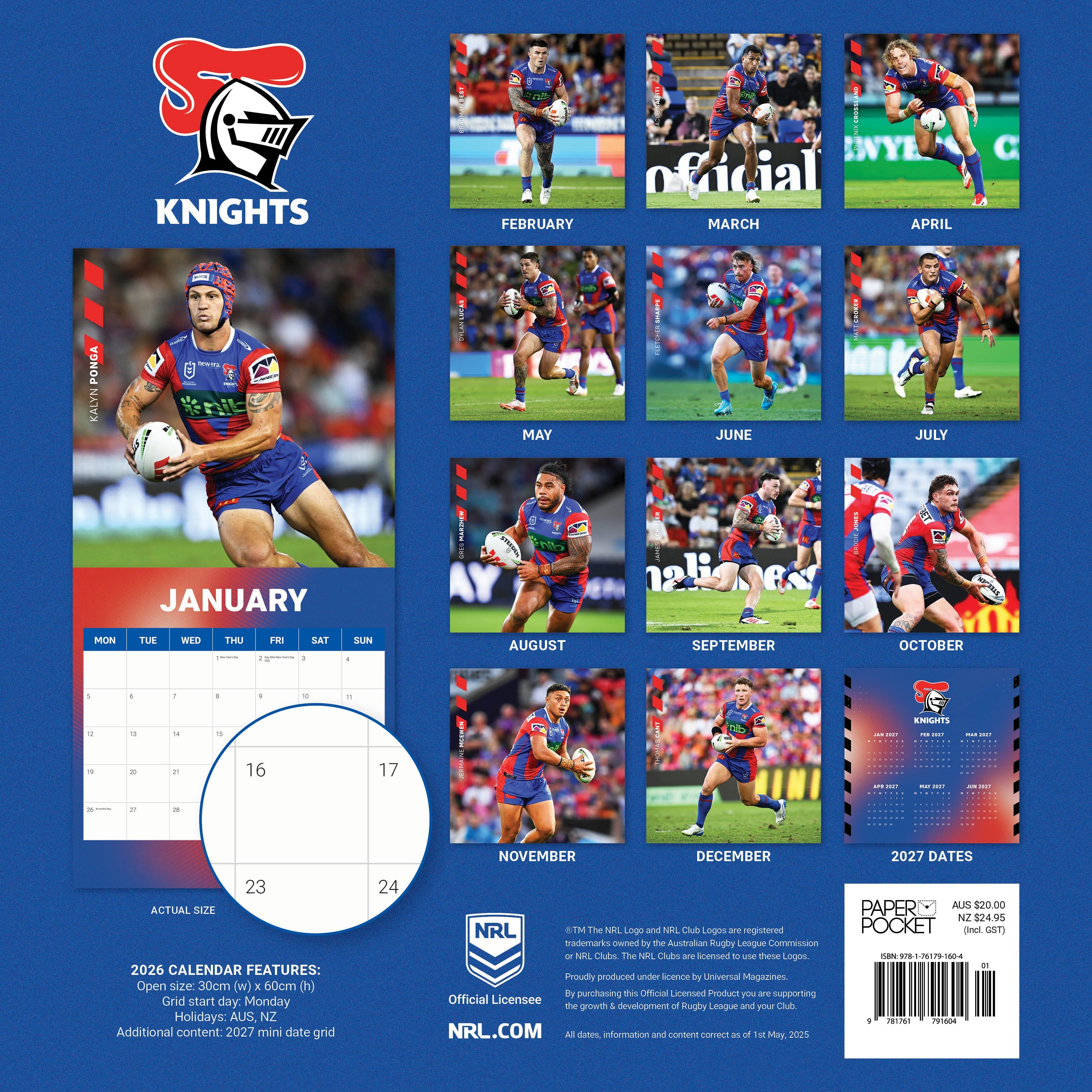 2026 NRL Newcastle Knights - Square Wall Calendar