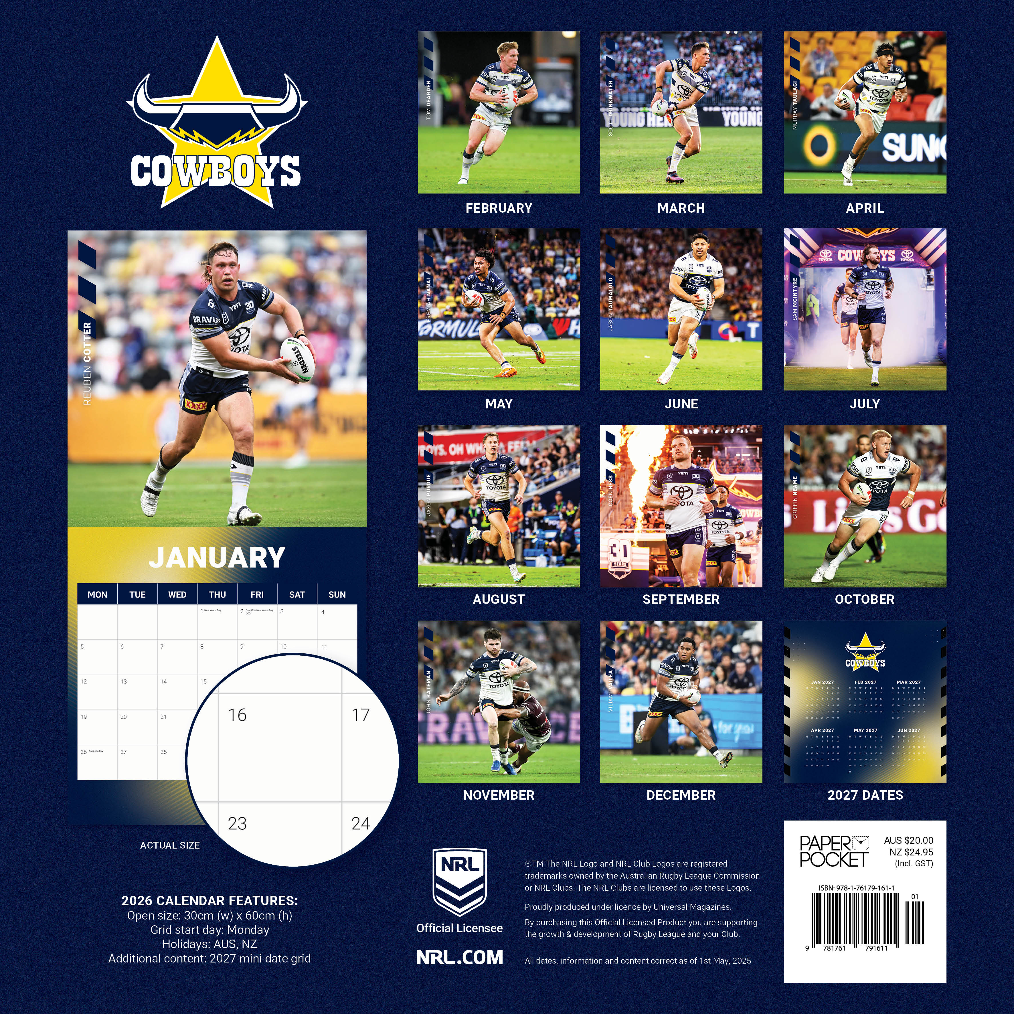 2026 NRL North Queensland Cowboys - Square Wall Calendar