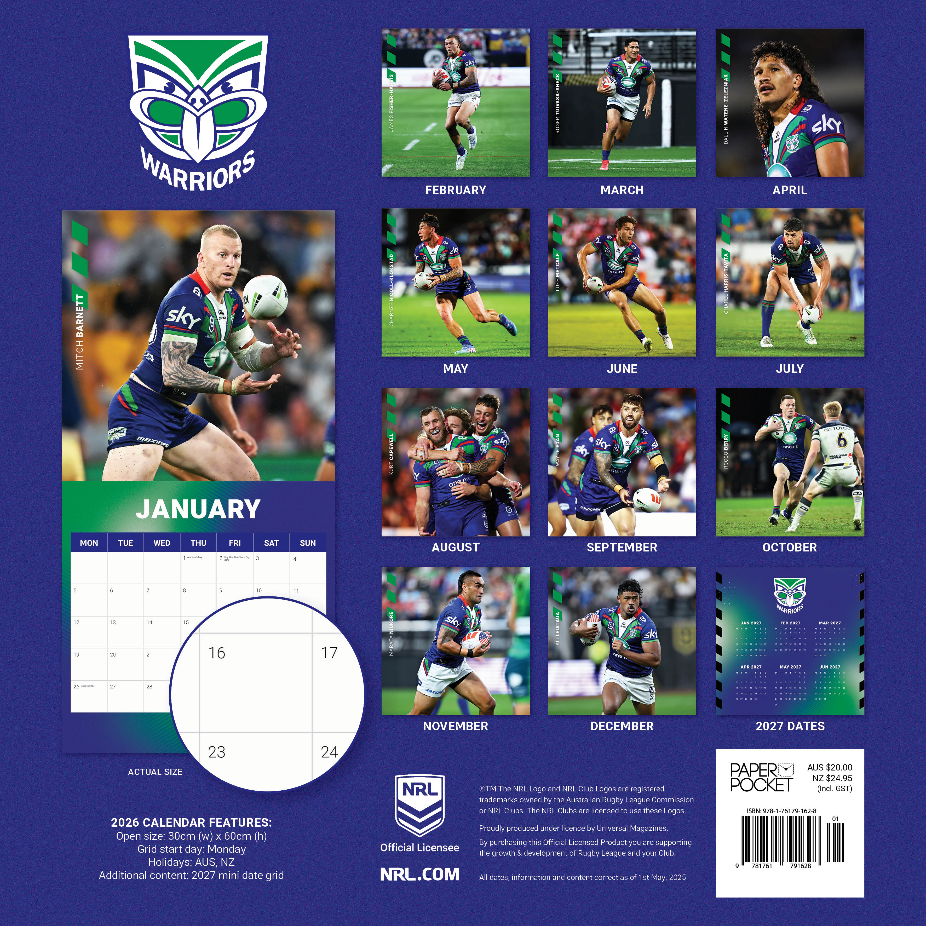 2026 NRL NZ Warriors - Square Wall Calendar