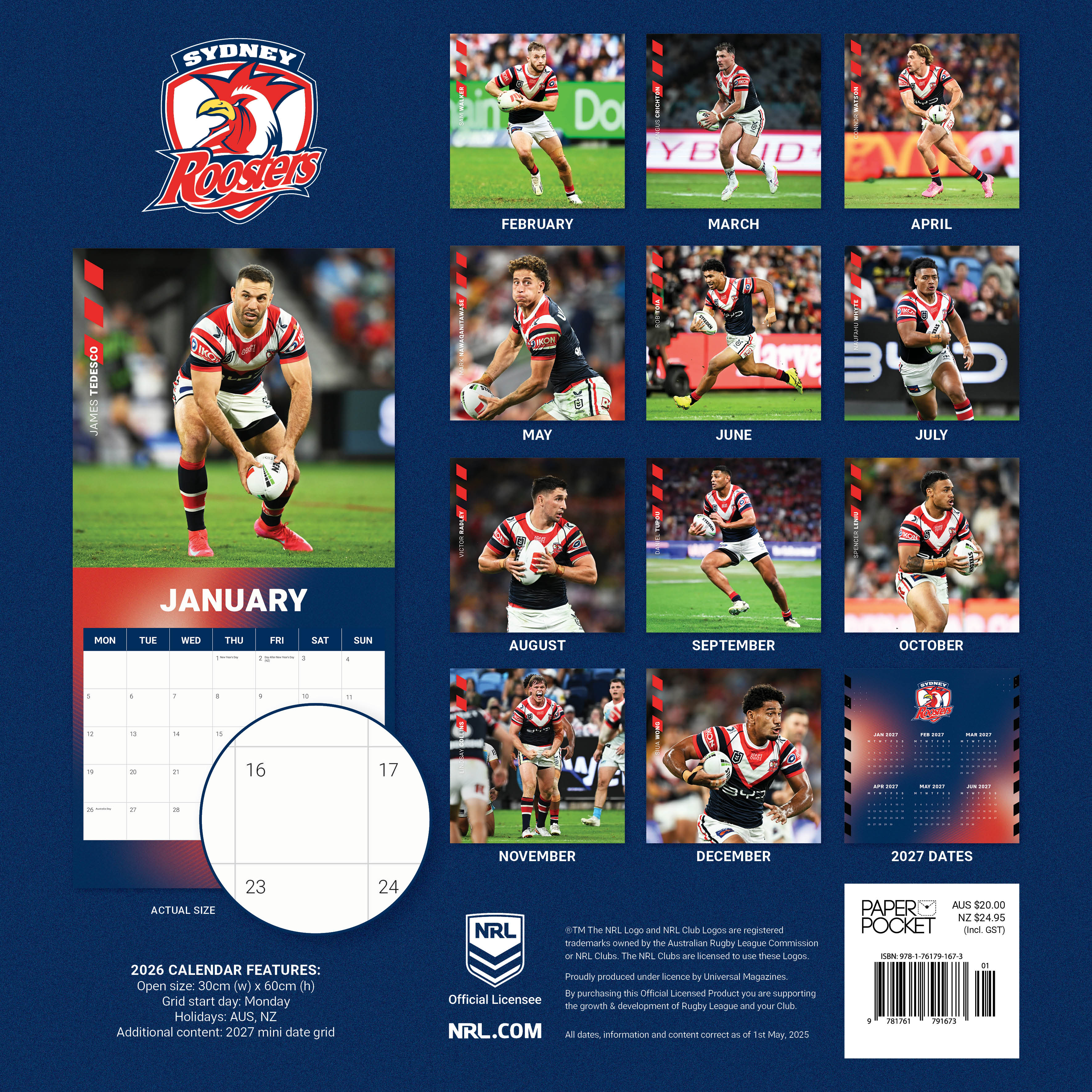 2026 NRL Sydney Roosters - Square Wall Calendar