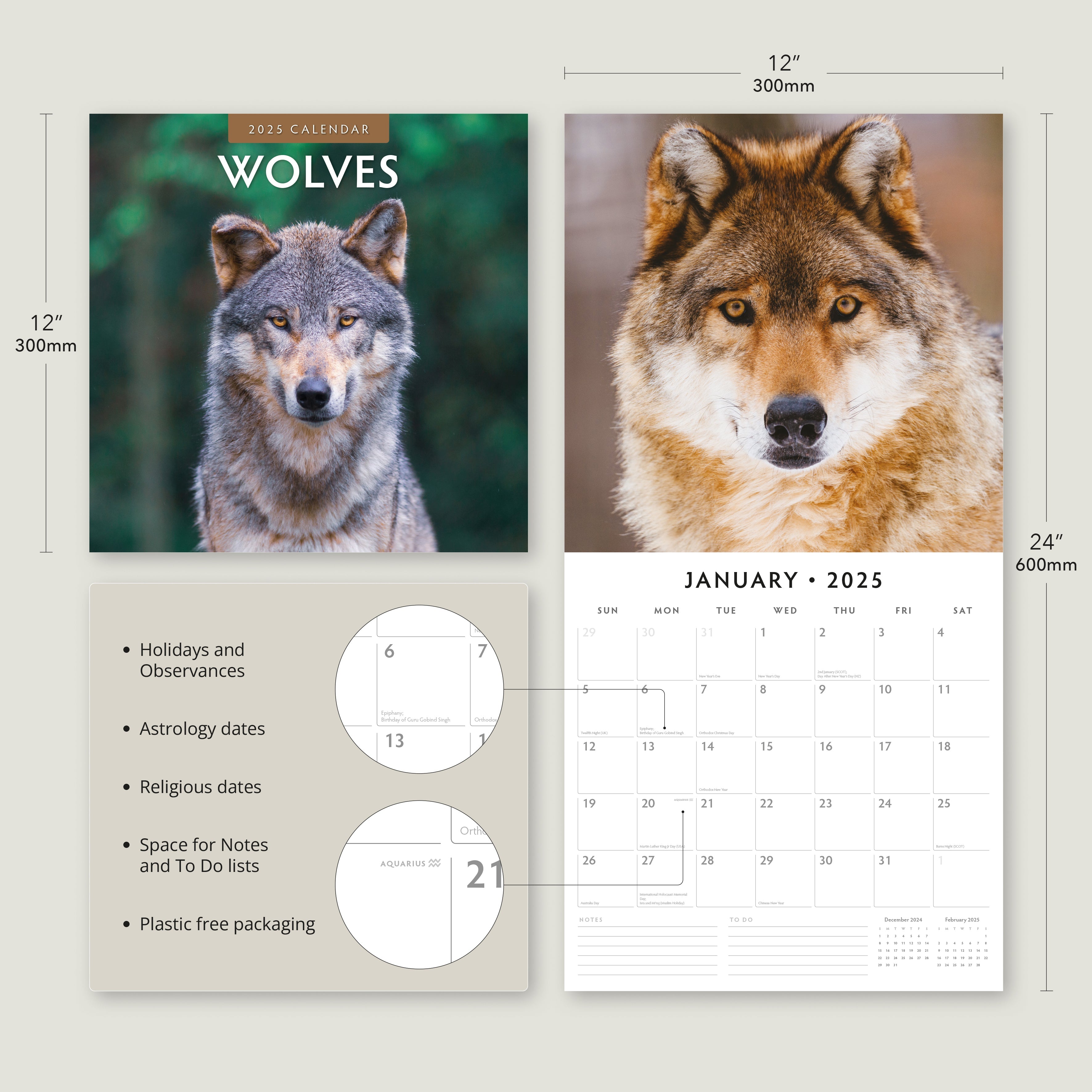 2025 Wolves - Square Wall Calendar