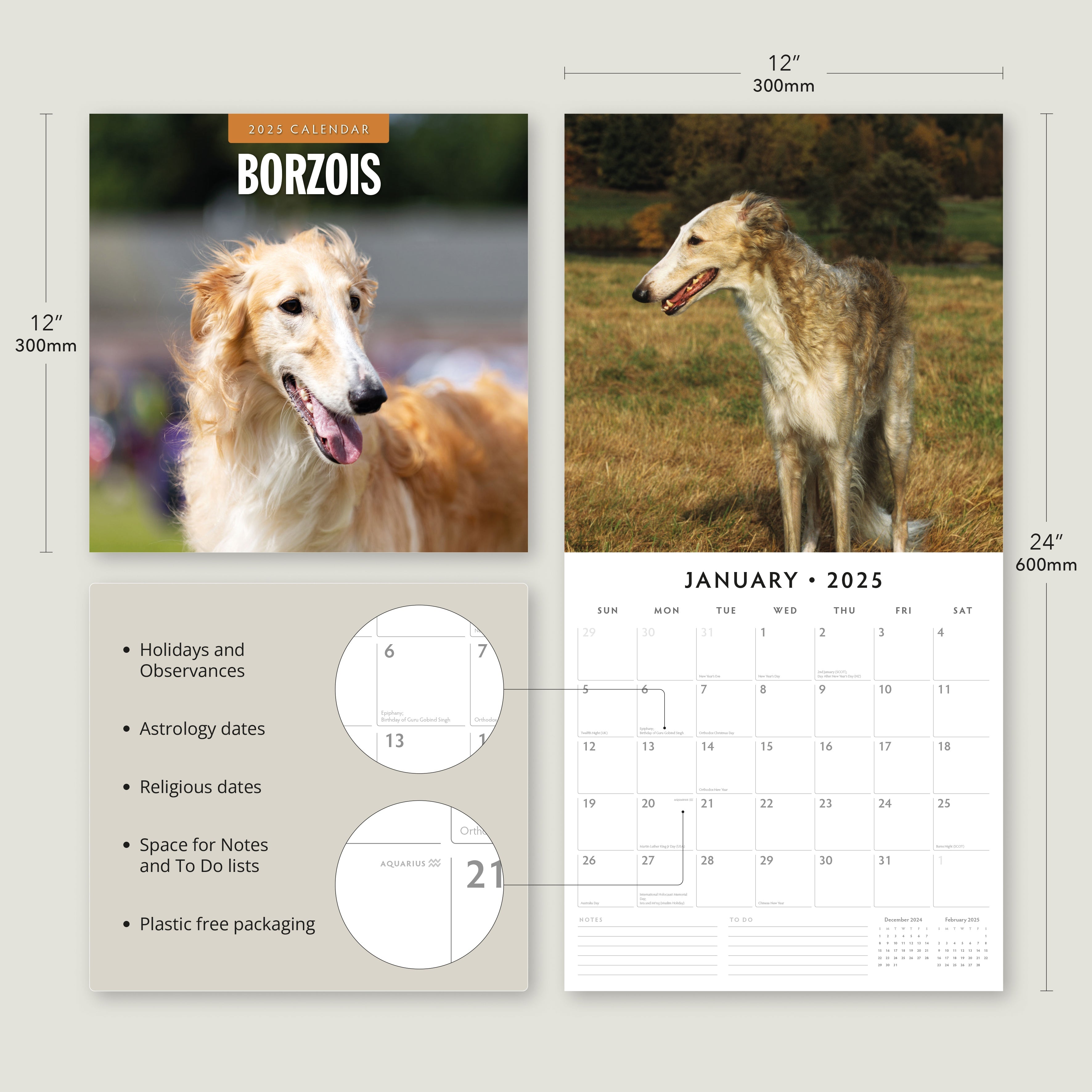 2025 Borzois - Square Wall Calendar