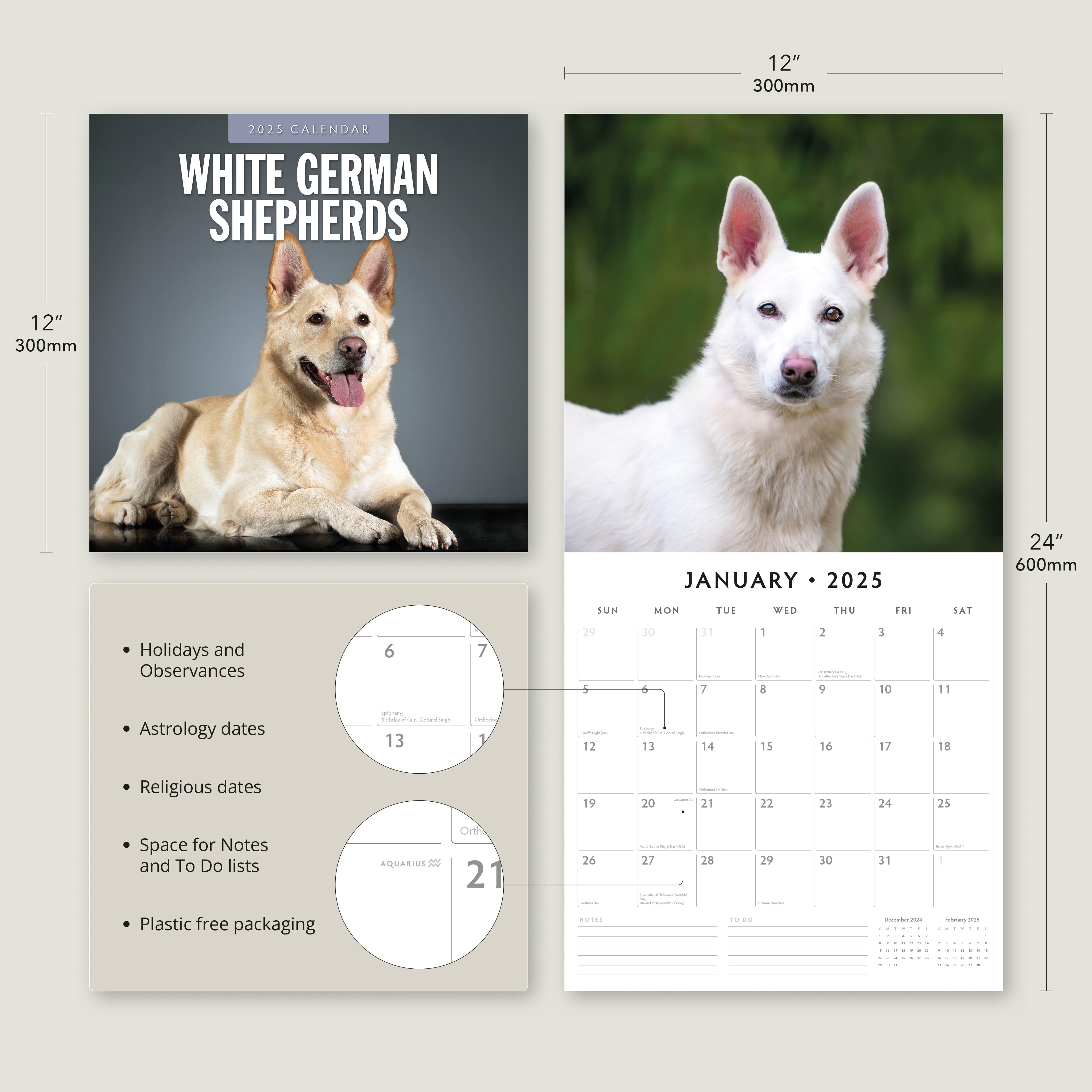 2025 White German Shepherd - Square Wall Calendar