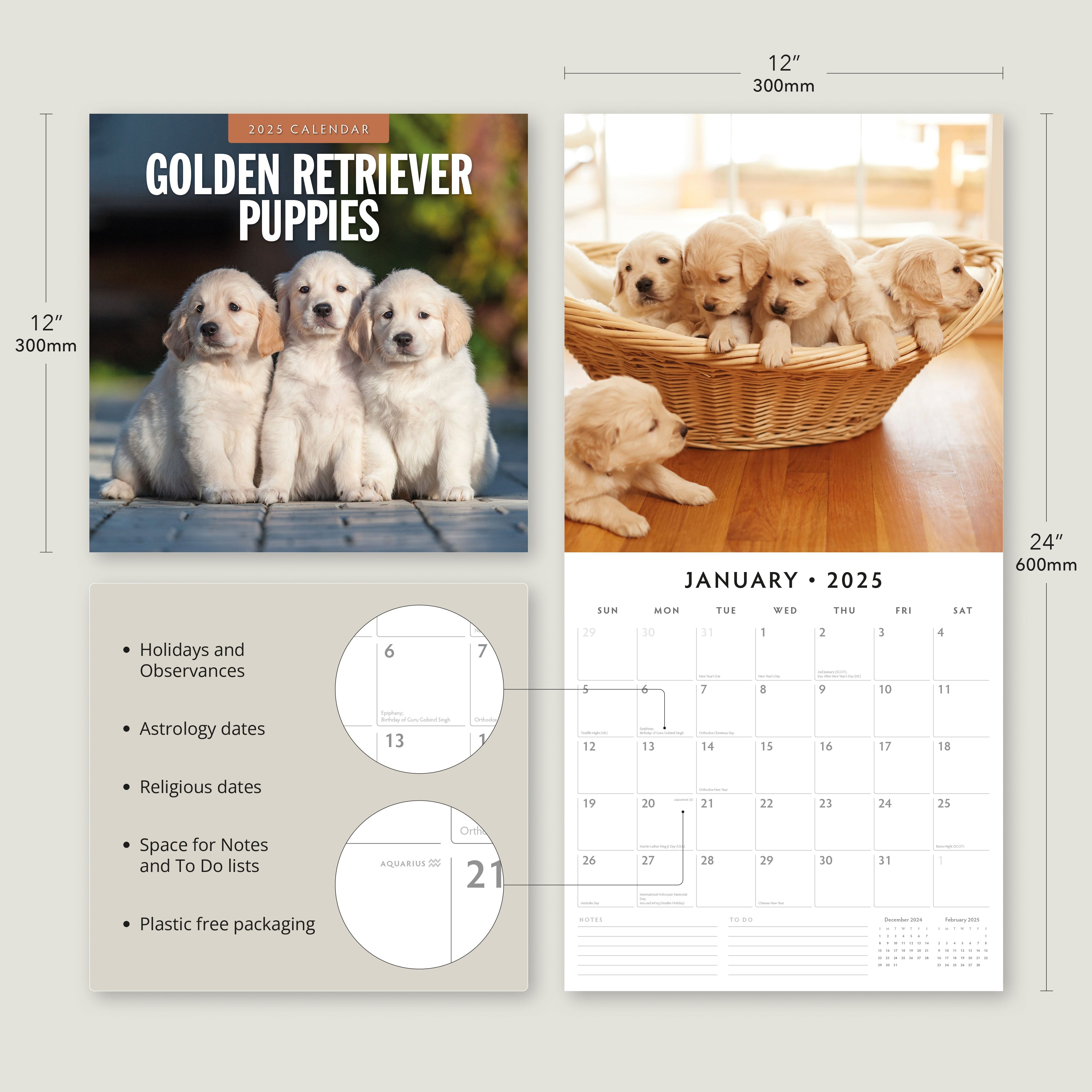 2025 Golden Retriever Puppies - Square Wall Calendar