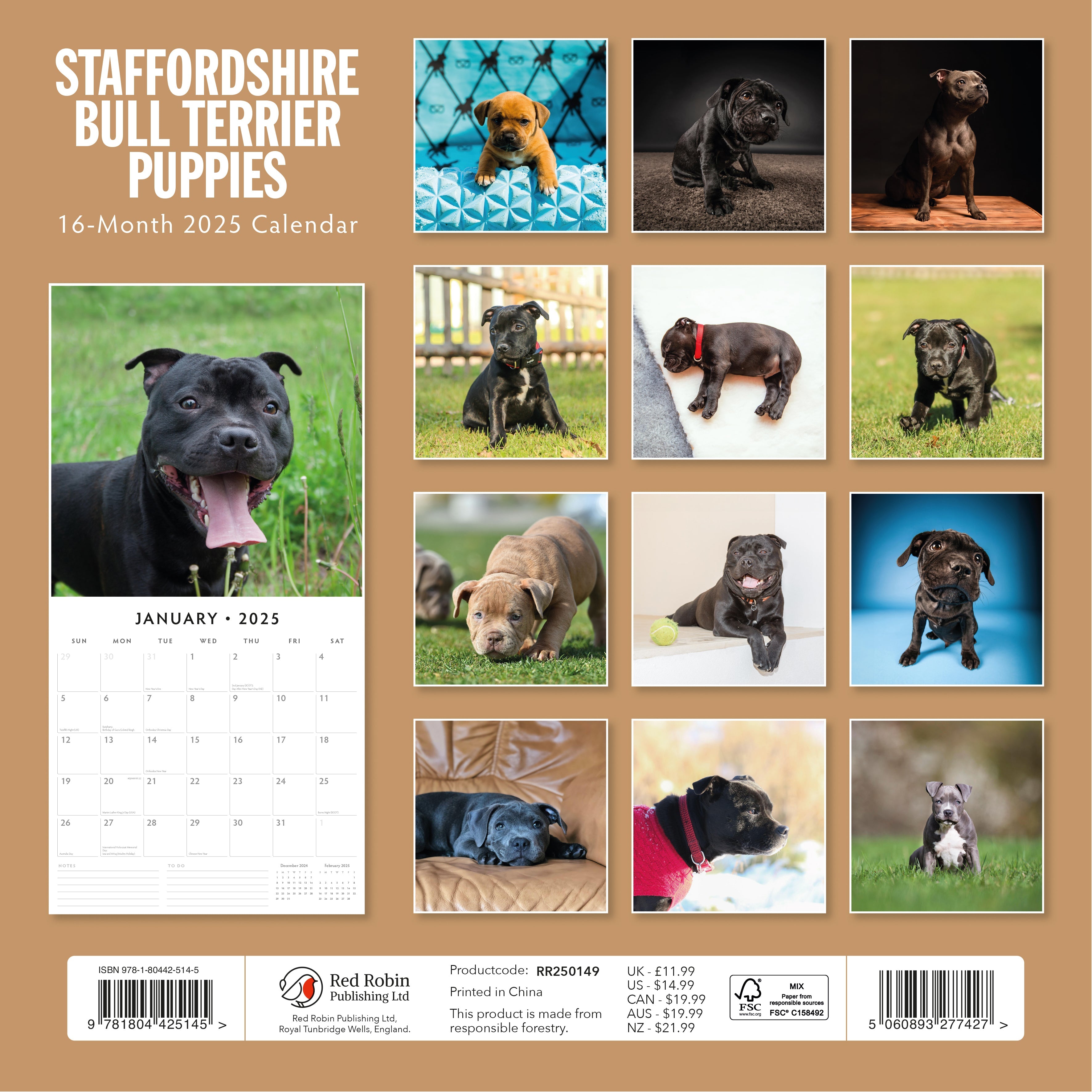 2025 Staffordshire Bull Terrier Puppies - Square Wall Calendar