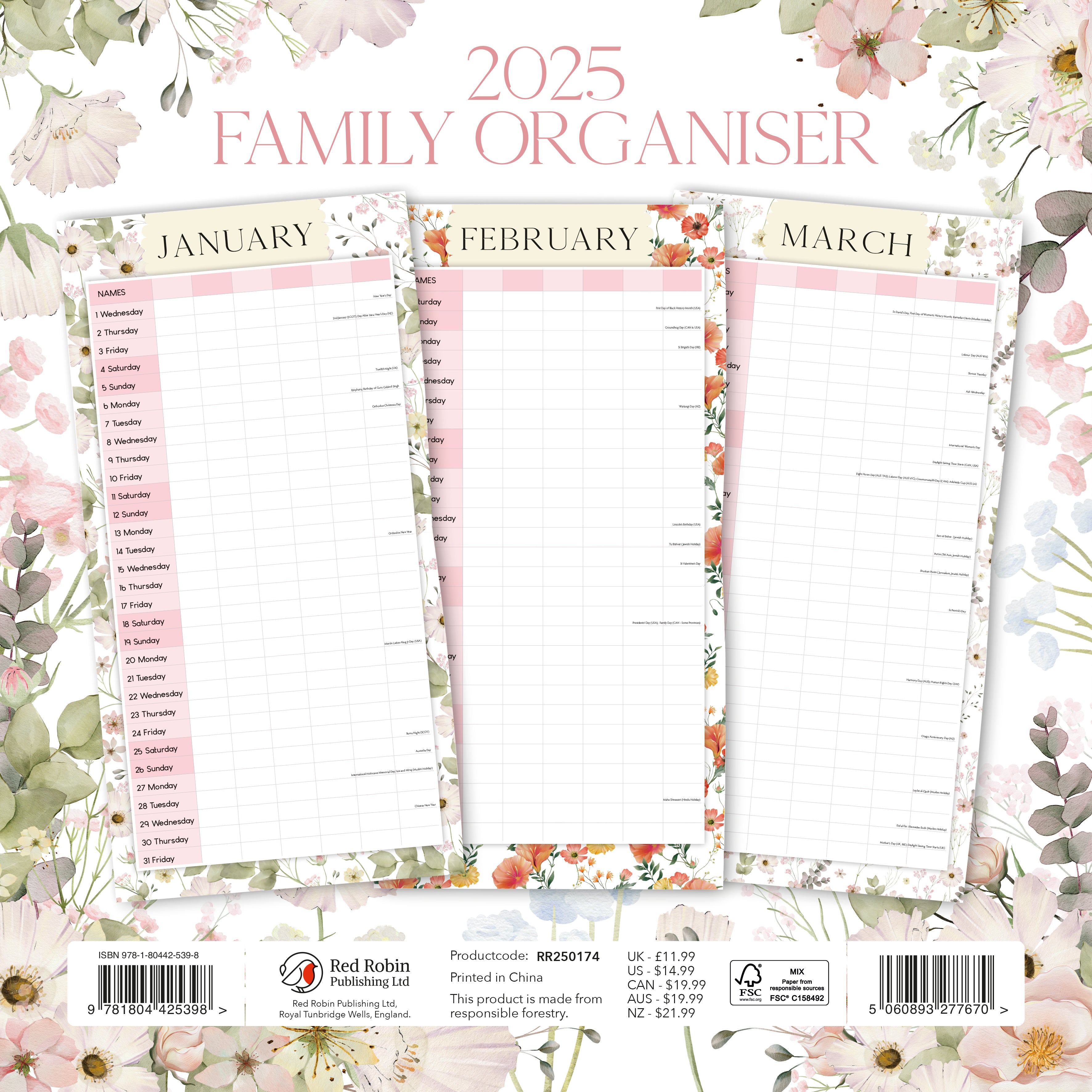 2025 Family Organiser - Square Wall Calendar